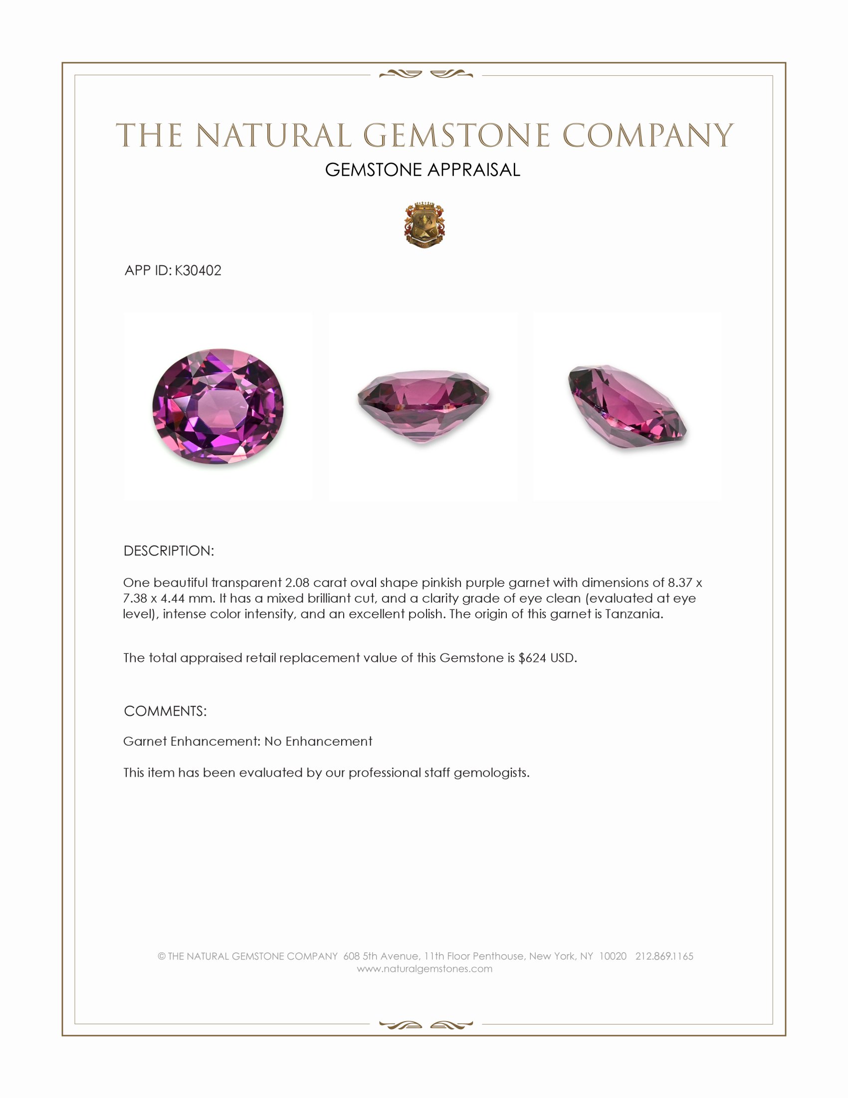 2.08 Ct. Pinkish Purple Garnet from Tanzania