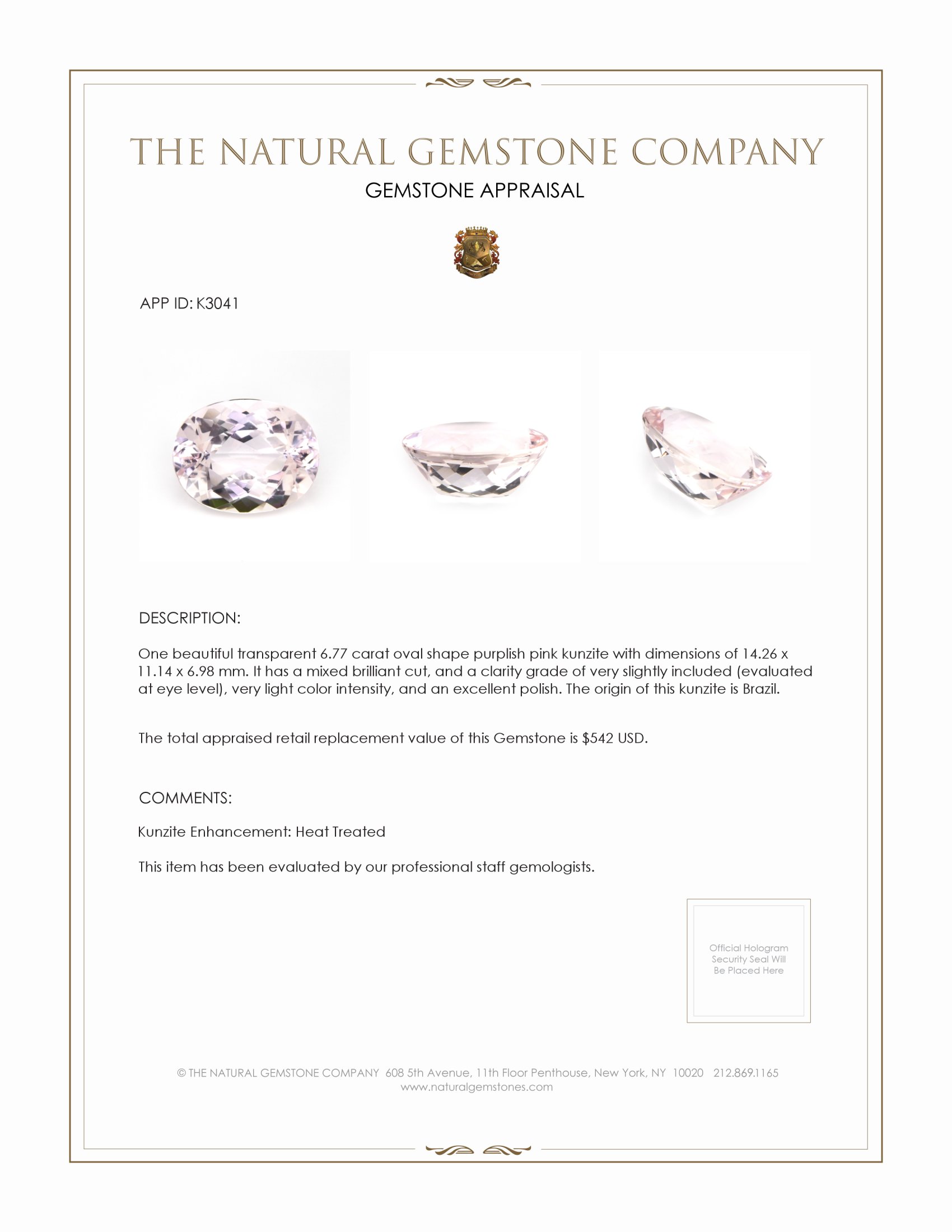6.77 Ct. Kunzite from Brazil