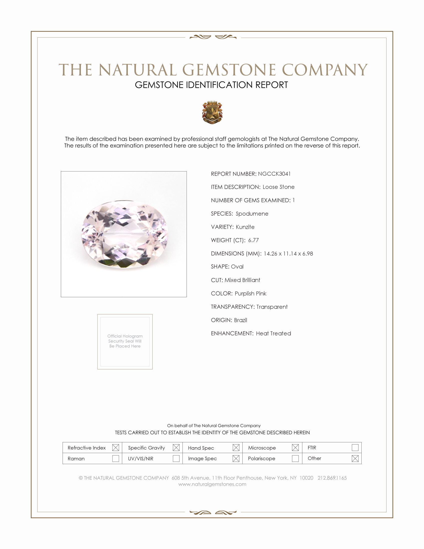 6.77 Ct. Kunzite from Brazil