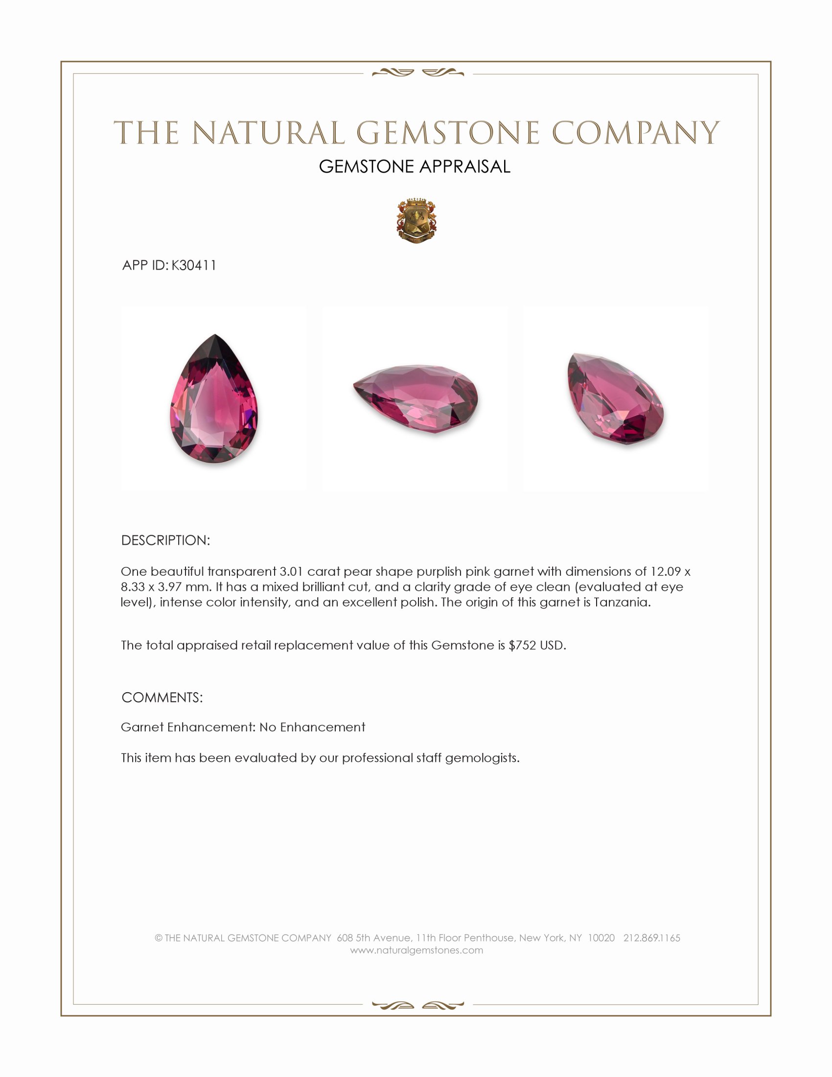 3.01 Ct. Purplish Pink Garnet from Tanzania