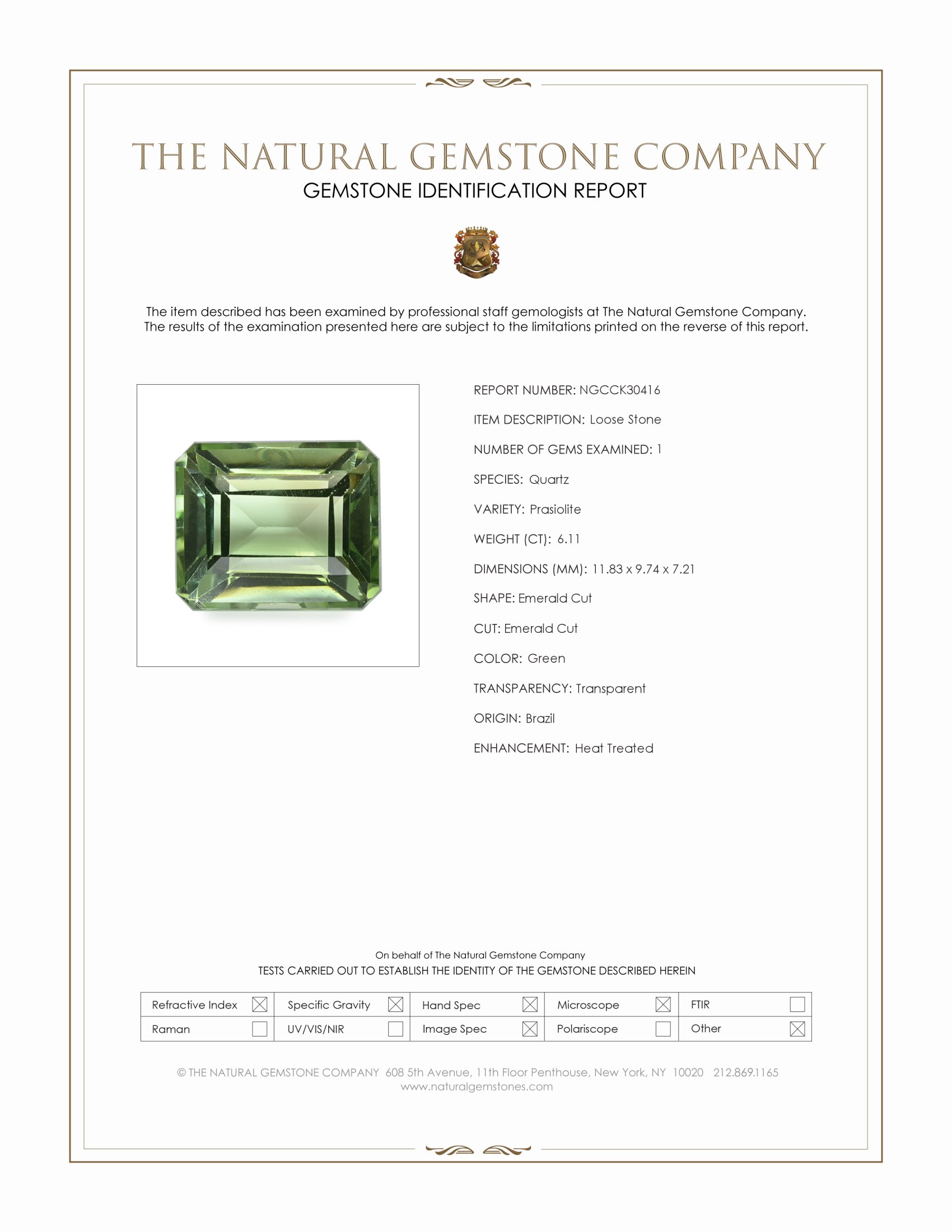 6.11 Ct. Green Prasiolite from Brazil
