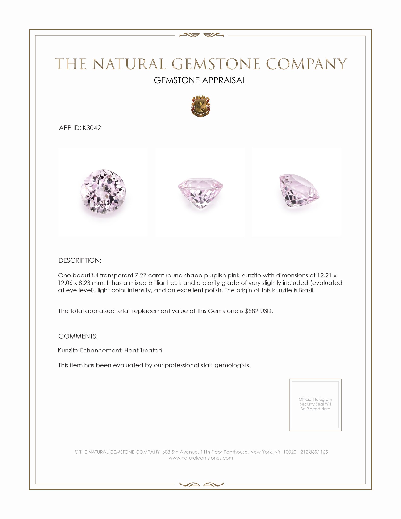 7.27 Ct. Kunzite from Brazil
