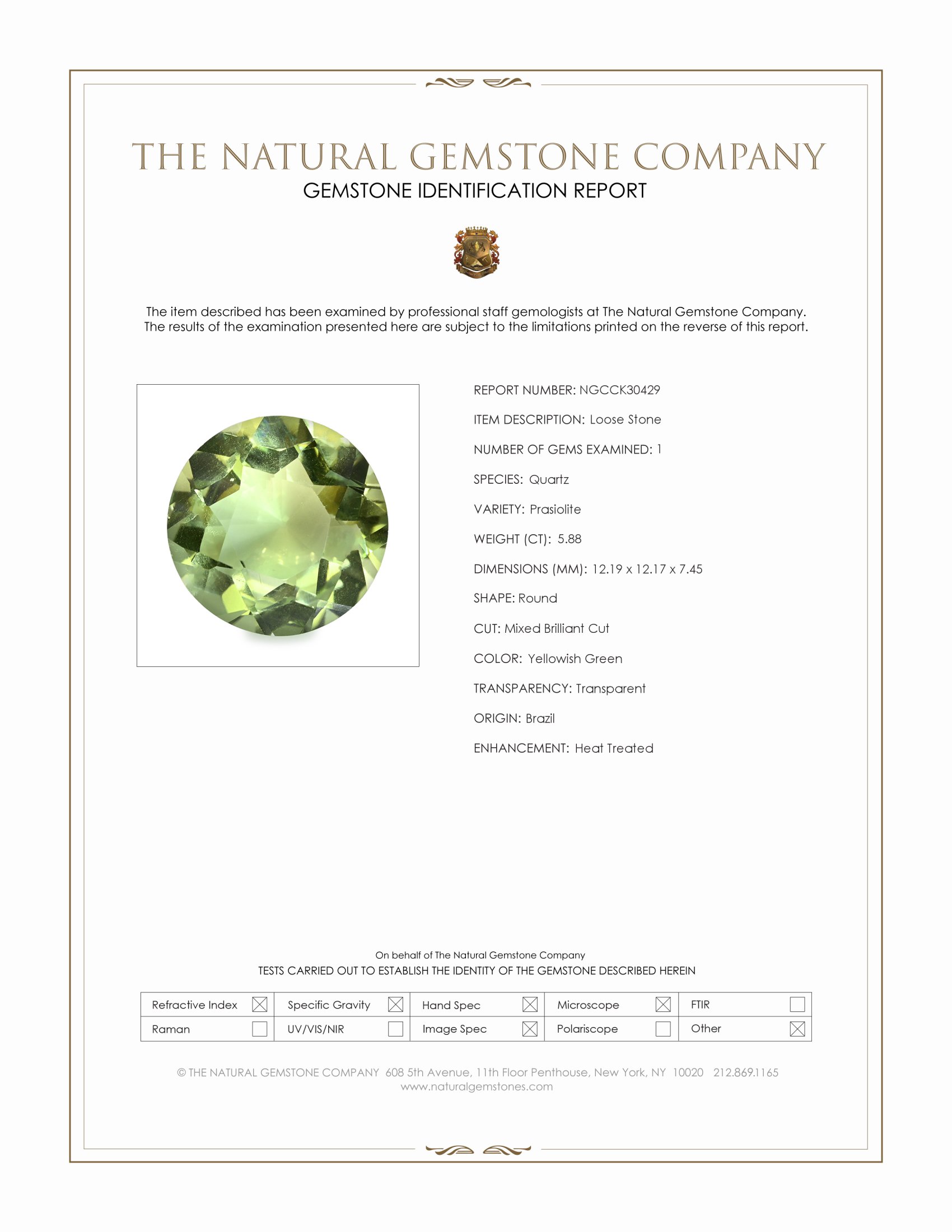 5.88 Ct. Yellowish Green Prasiolite from Brazil
