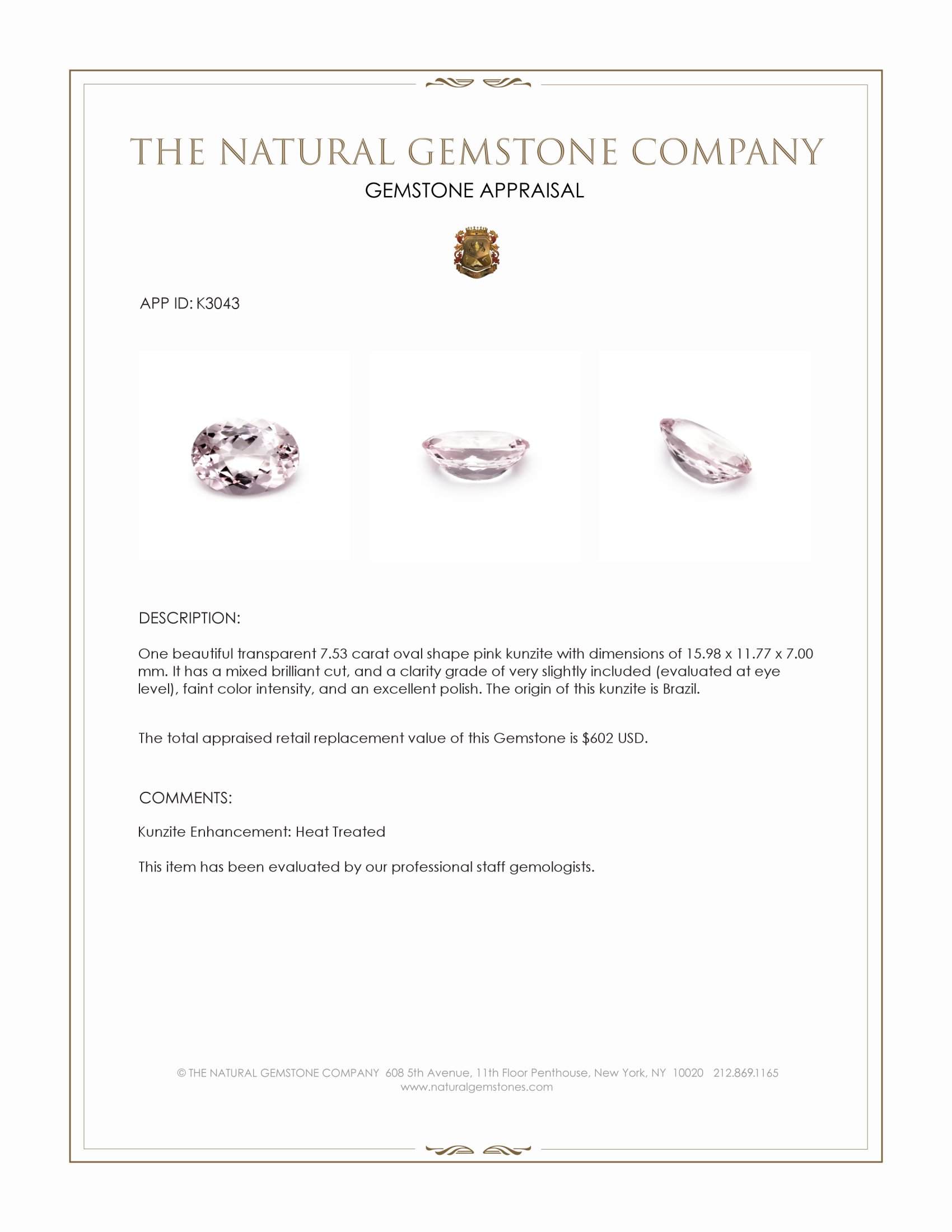 7.53 Ct. Pink Kunzite from Brazil