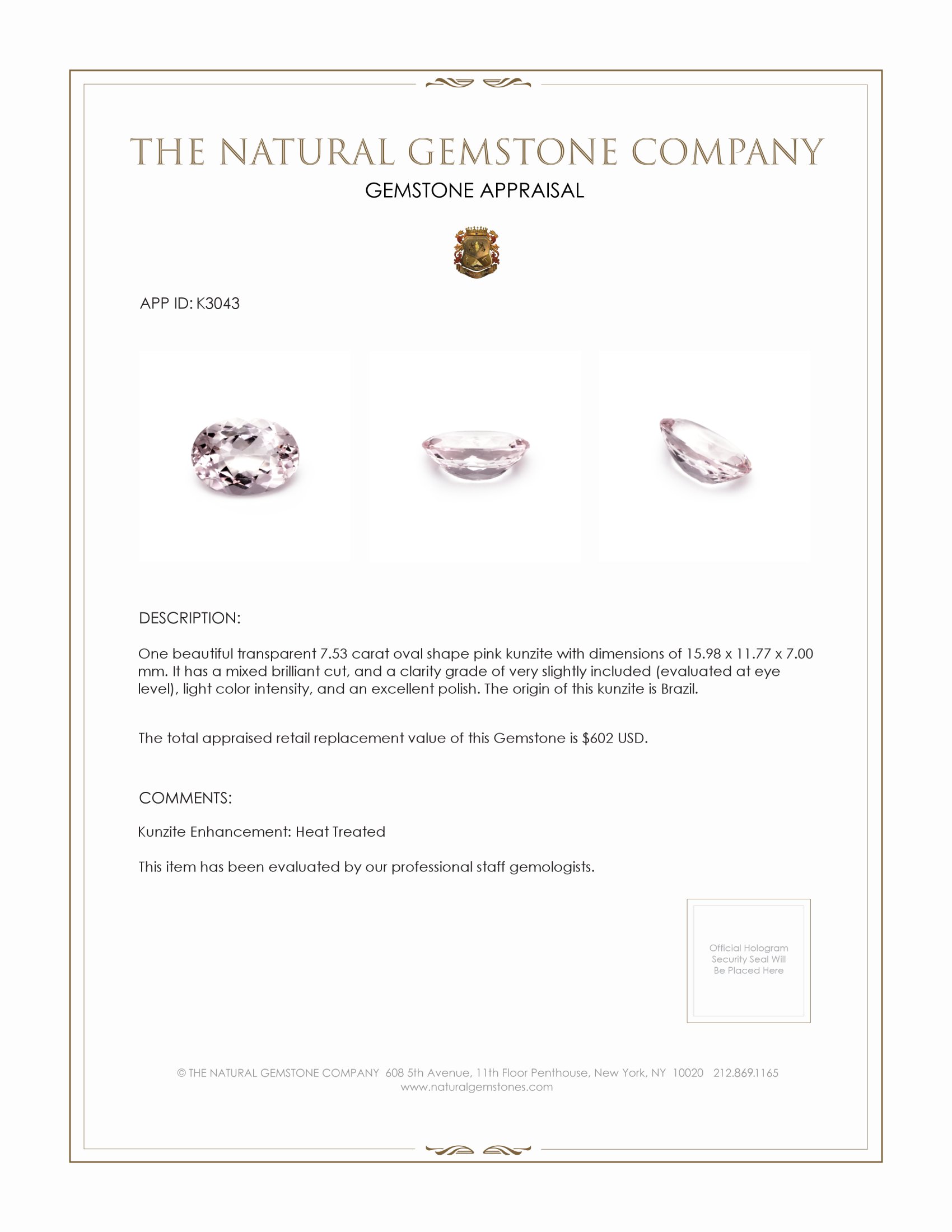 7.53 Ct. Kunzite from Brazil