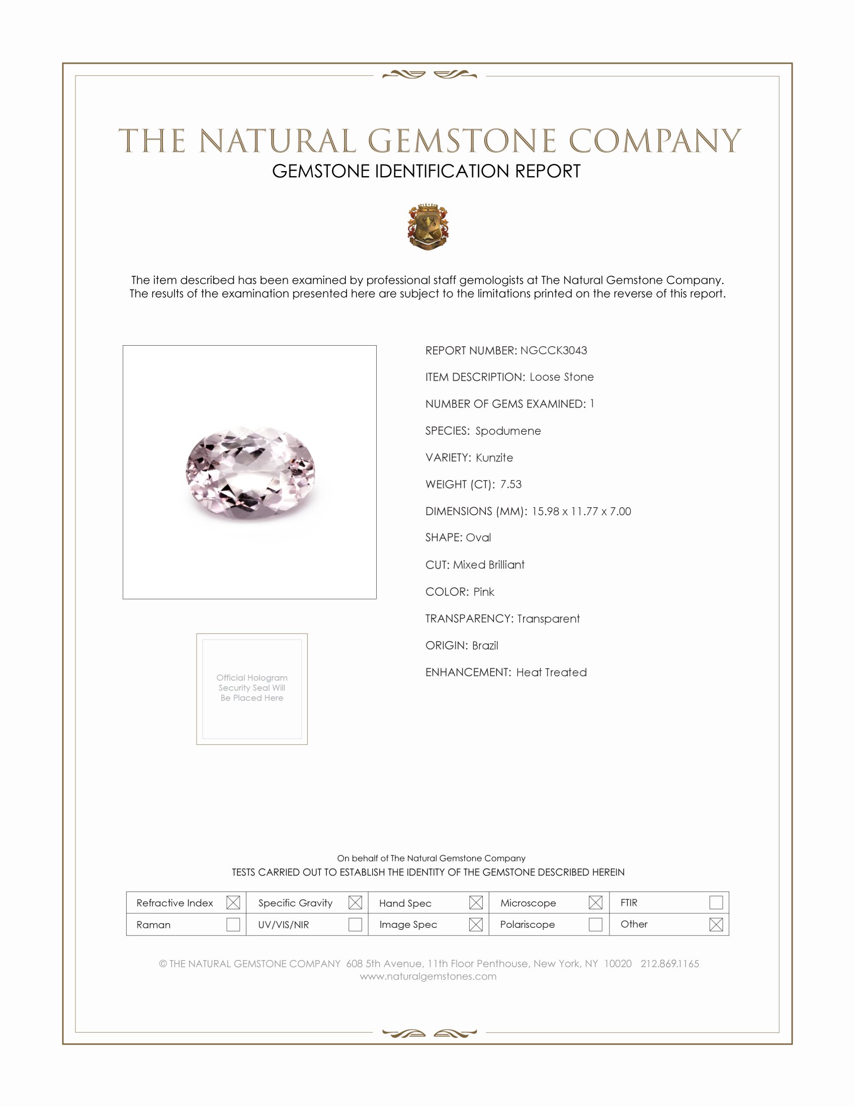 7.53 Ct. Kunzite from Brazil