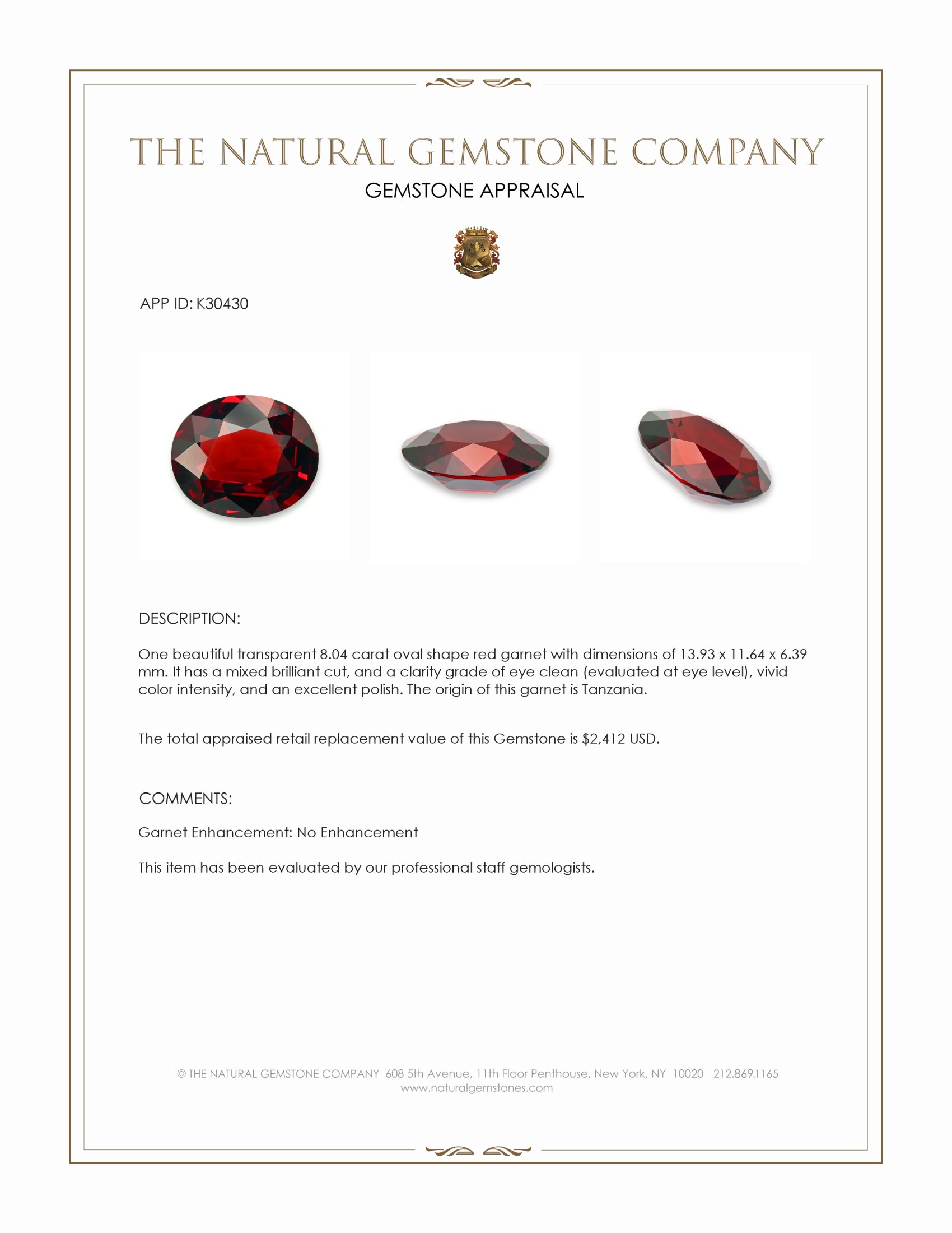 8.04 Ct. Red Garnet from Tanzania