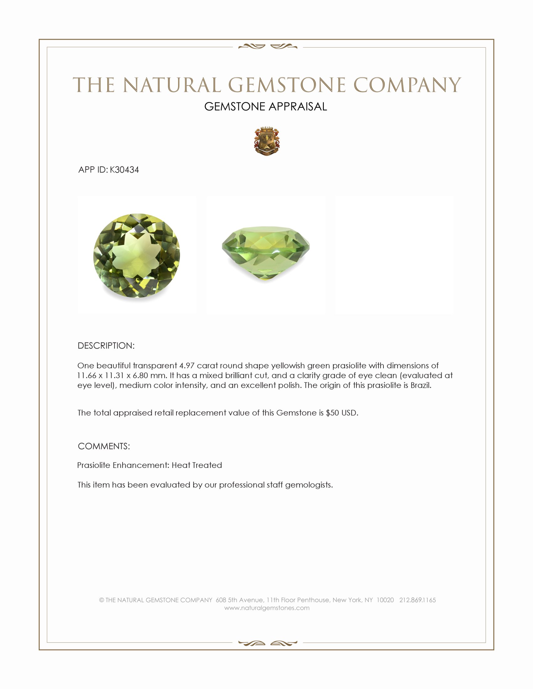 4.97 Ct. Yellowish Green Prasiolite from Brazil