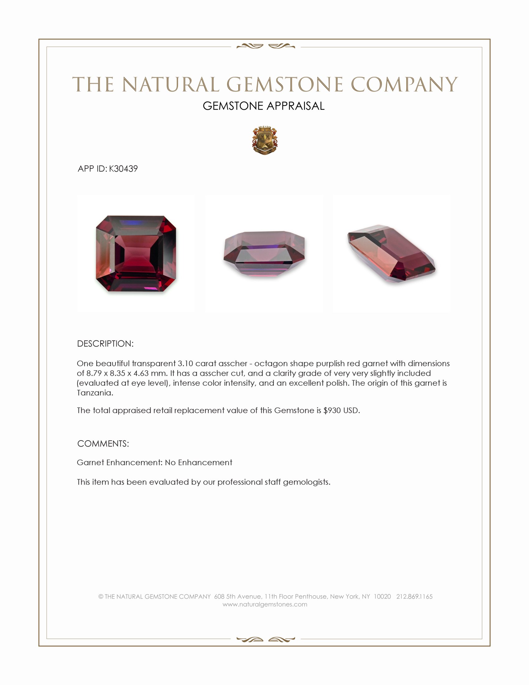 3.10 Ct. Purplish Red Garnet from Tanzania
