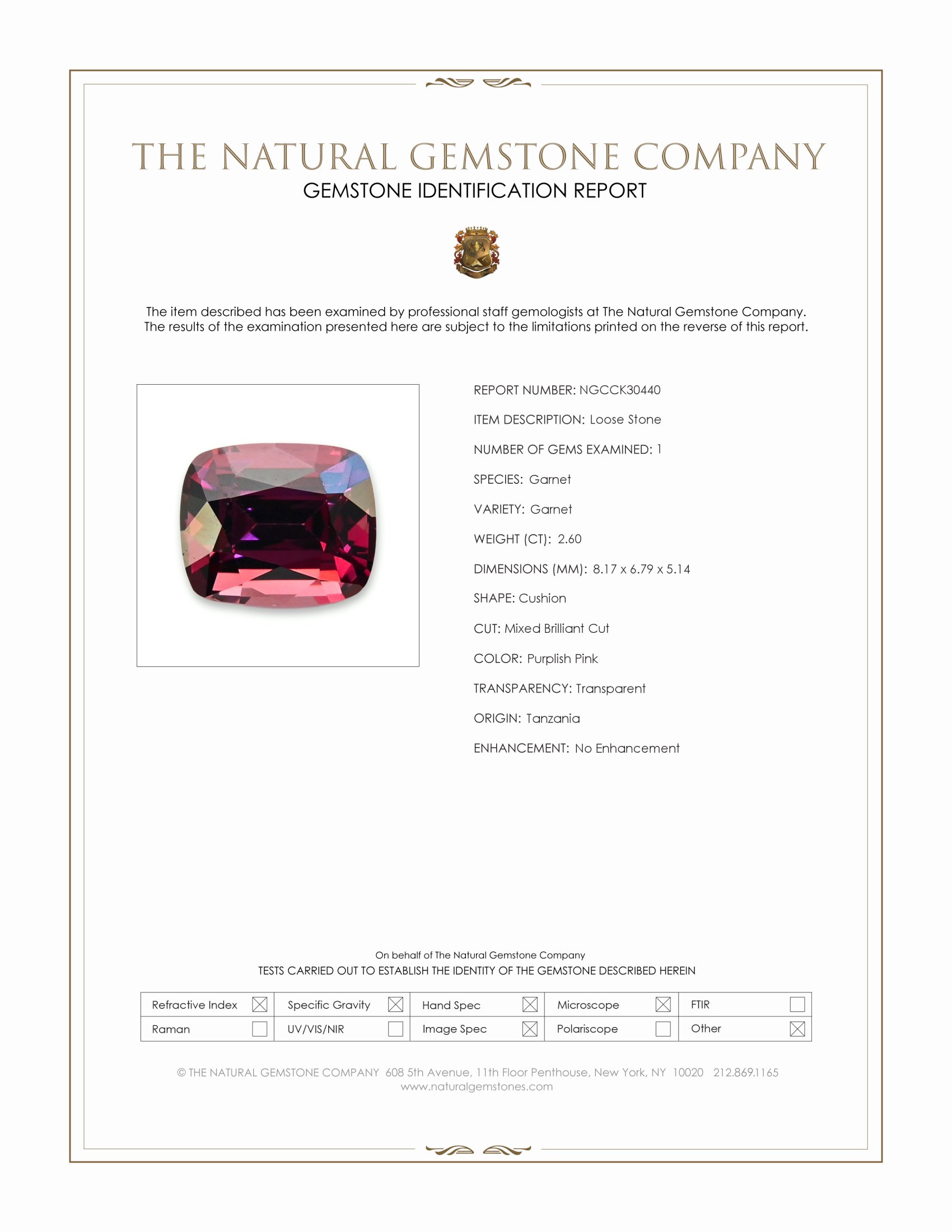 2.60 Ct. Purplish Pink Garnet from Tanzania