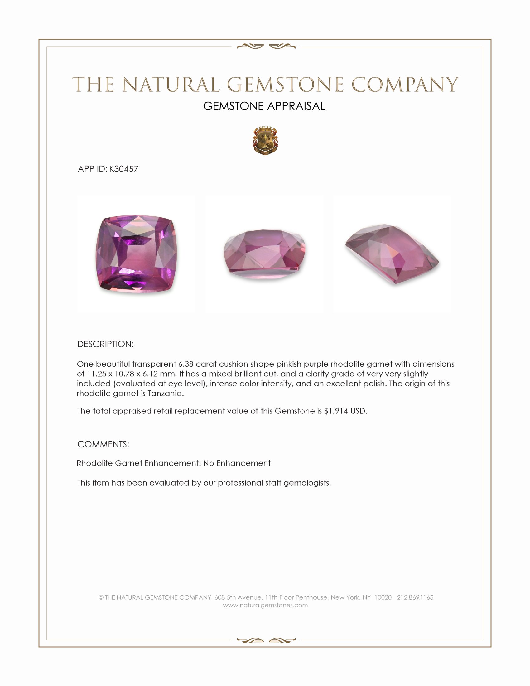 6.38 Ct. Pinkish Purple Rhodolite Garnet from Tanzania