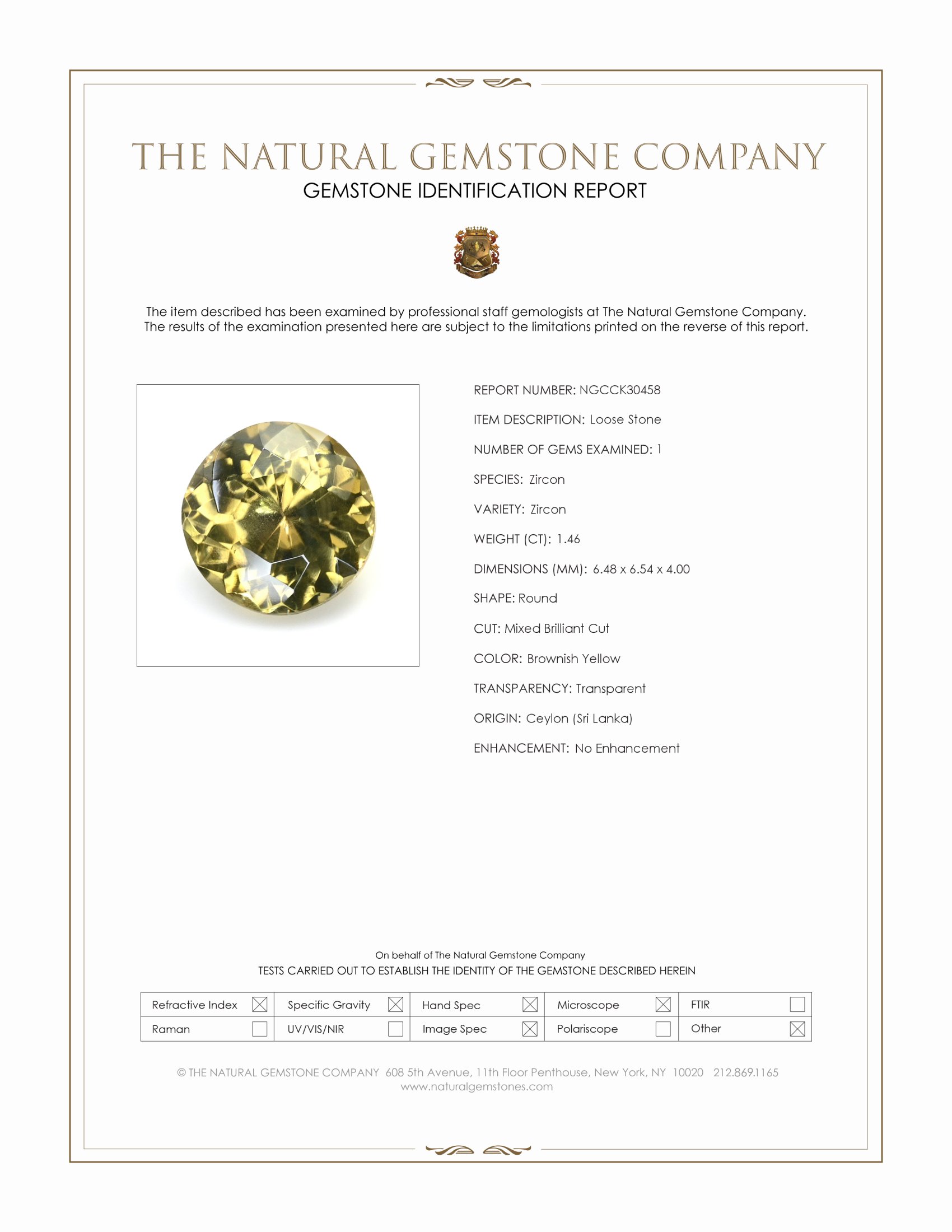 1.46 Ct. Brownish Yellow Zircon from Ceylon (Sri Lanka)