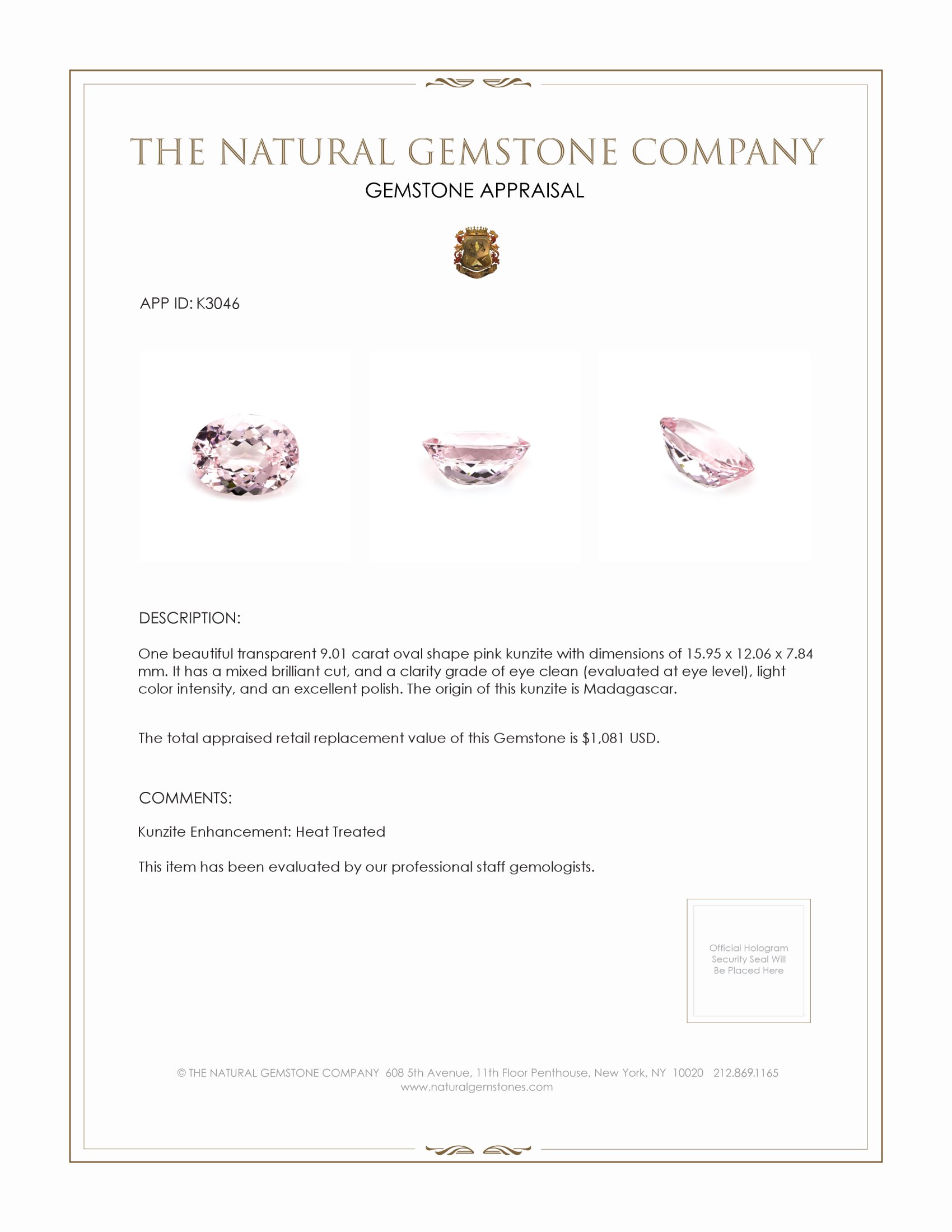 9.01 Ct. Kunzite from Madagascar