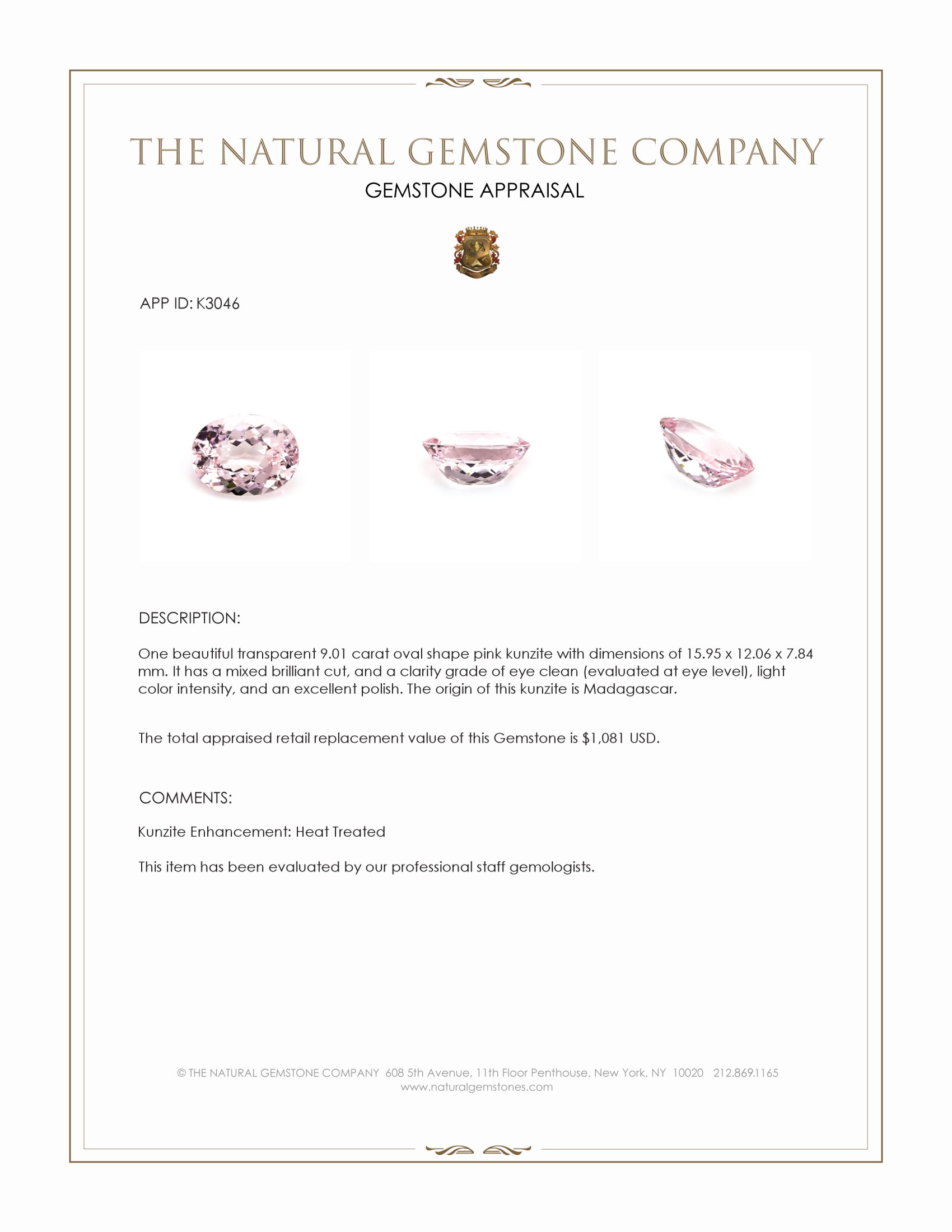 9.01 Ct. Pink Kunzite from Madagascar