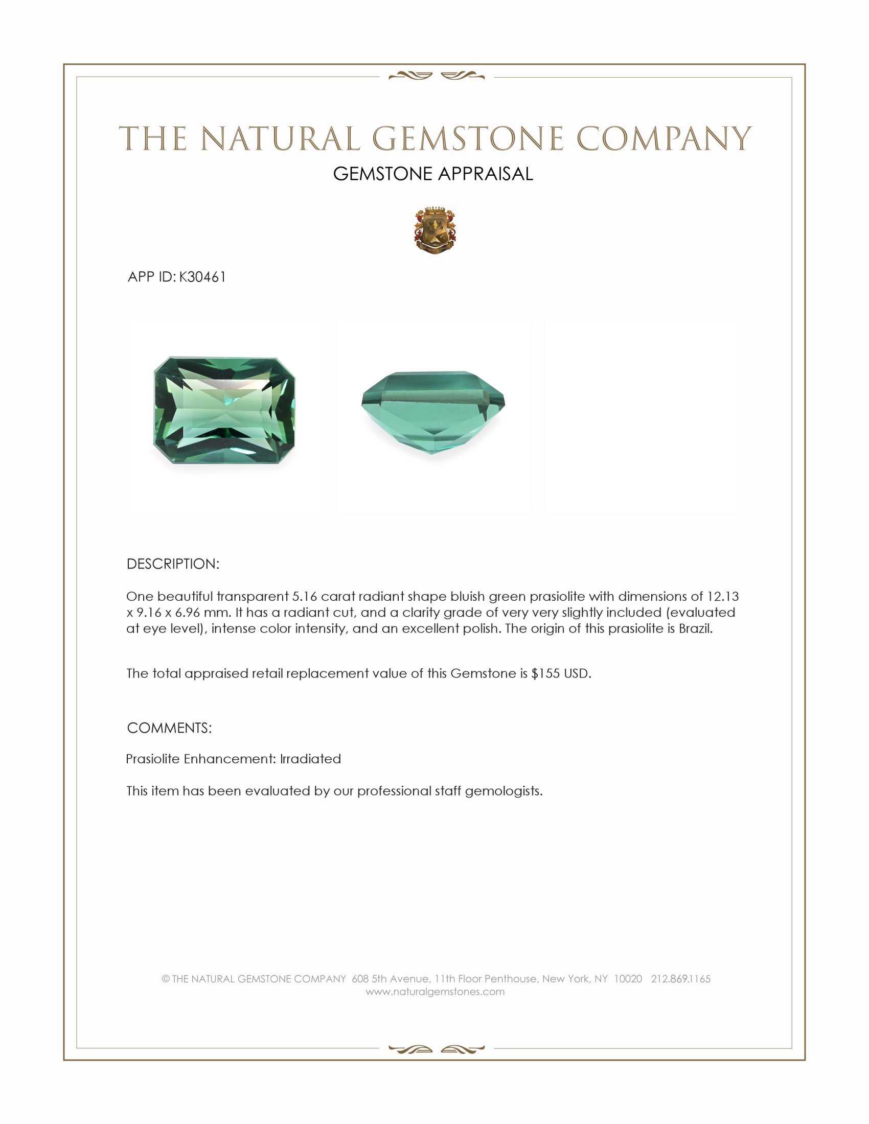 5.16 Ct. Bluish Green Prasiolite from Brazil