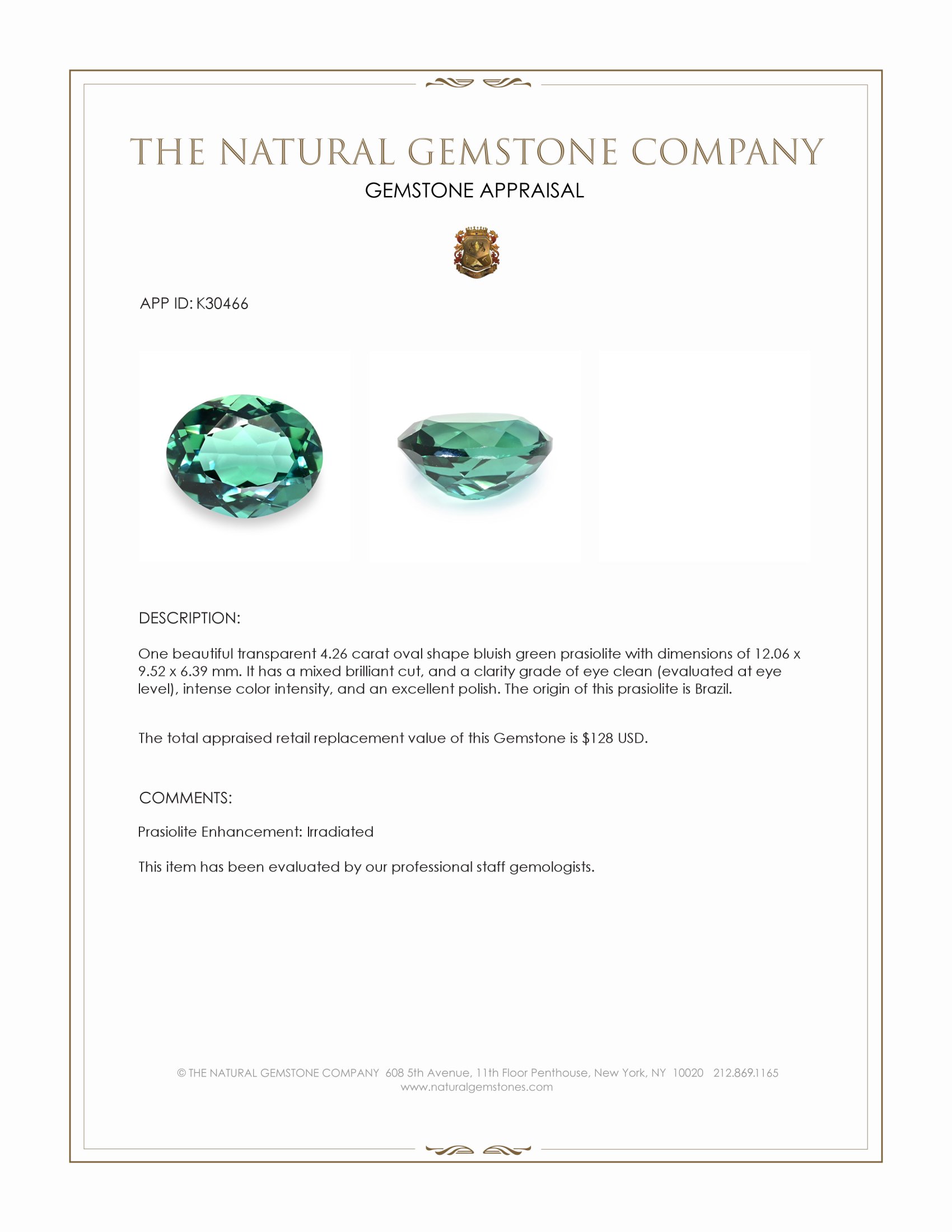4.26 Ct. Bluish Green Prasiolite from Brazil