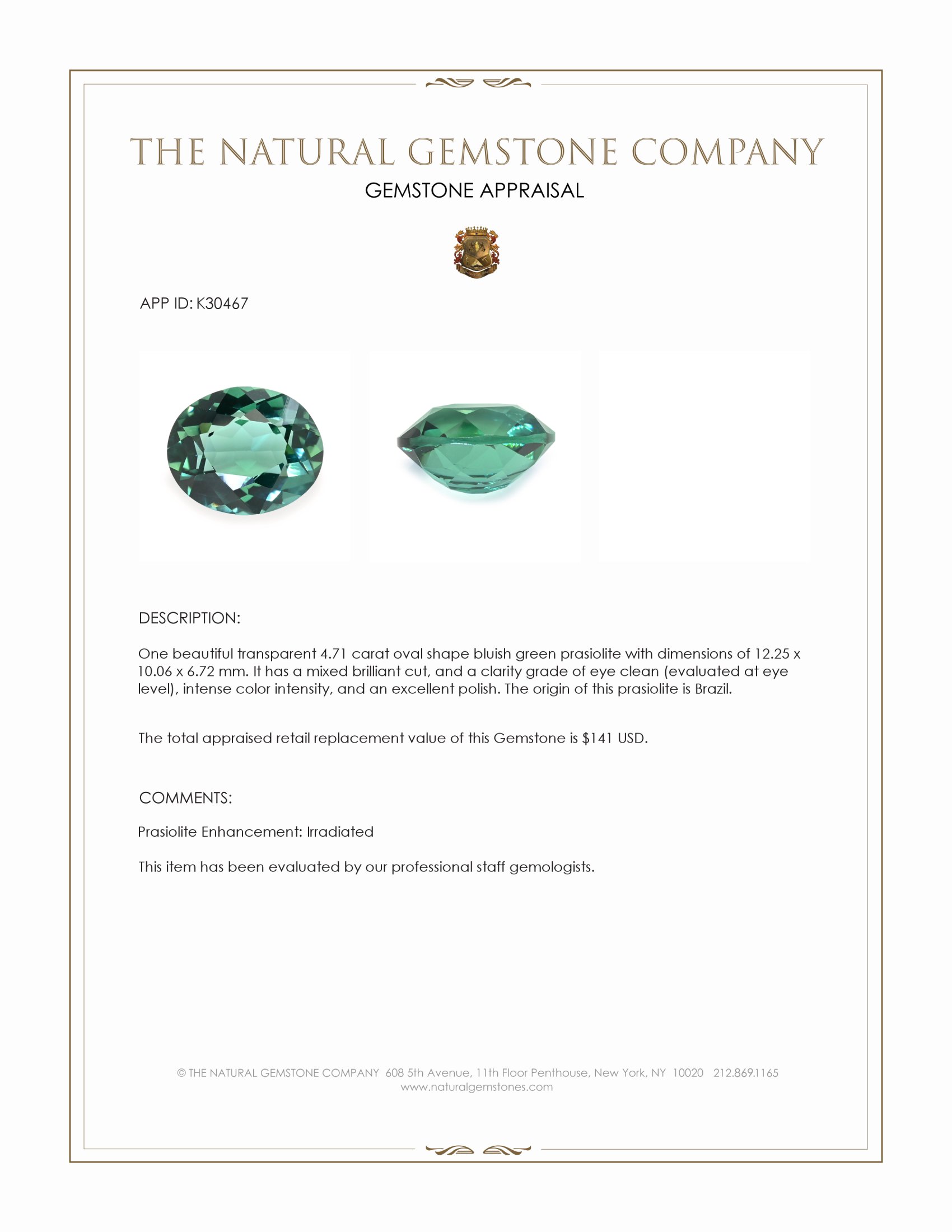 4.71 Ct. Bluish Green Prasiolite from Brazil