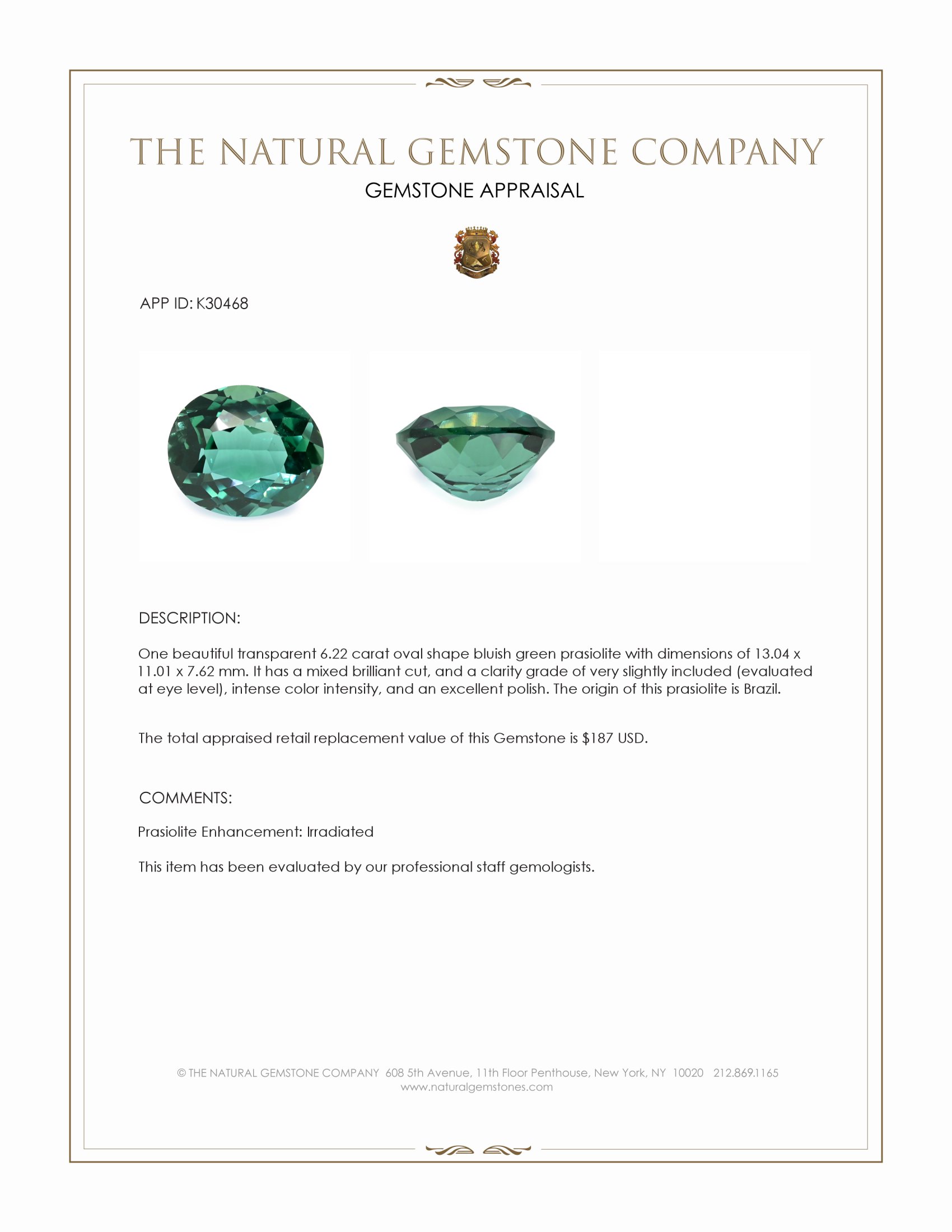 6.22 Ct. Bluish Green Prasiolite from Brazil