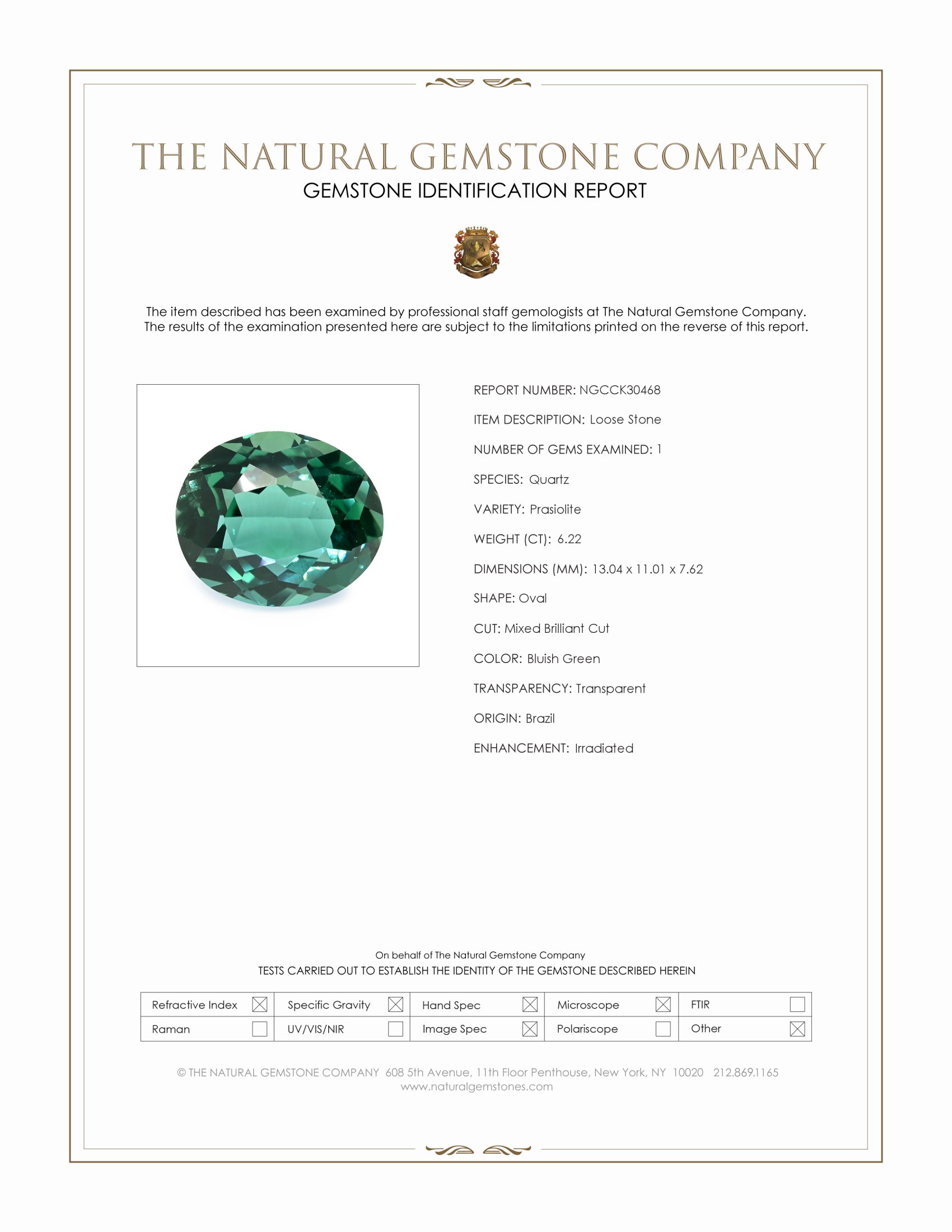 6.22 Ct. Bluish Green Prasiolite from Brazil