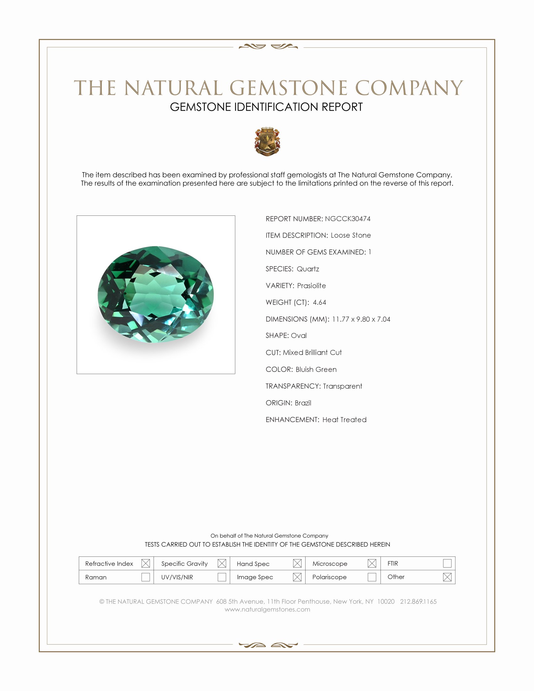 4.64 Ct. Bluish Green Prasiolite from Brazil