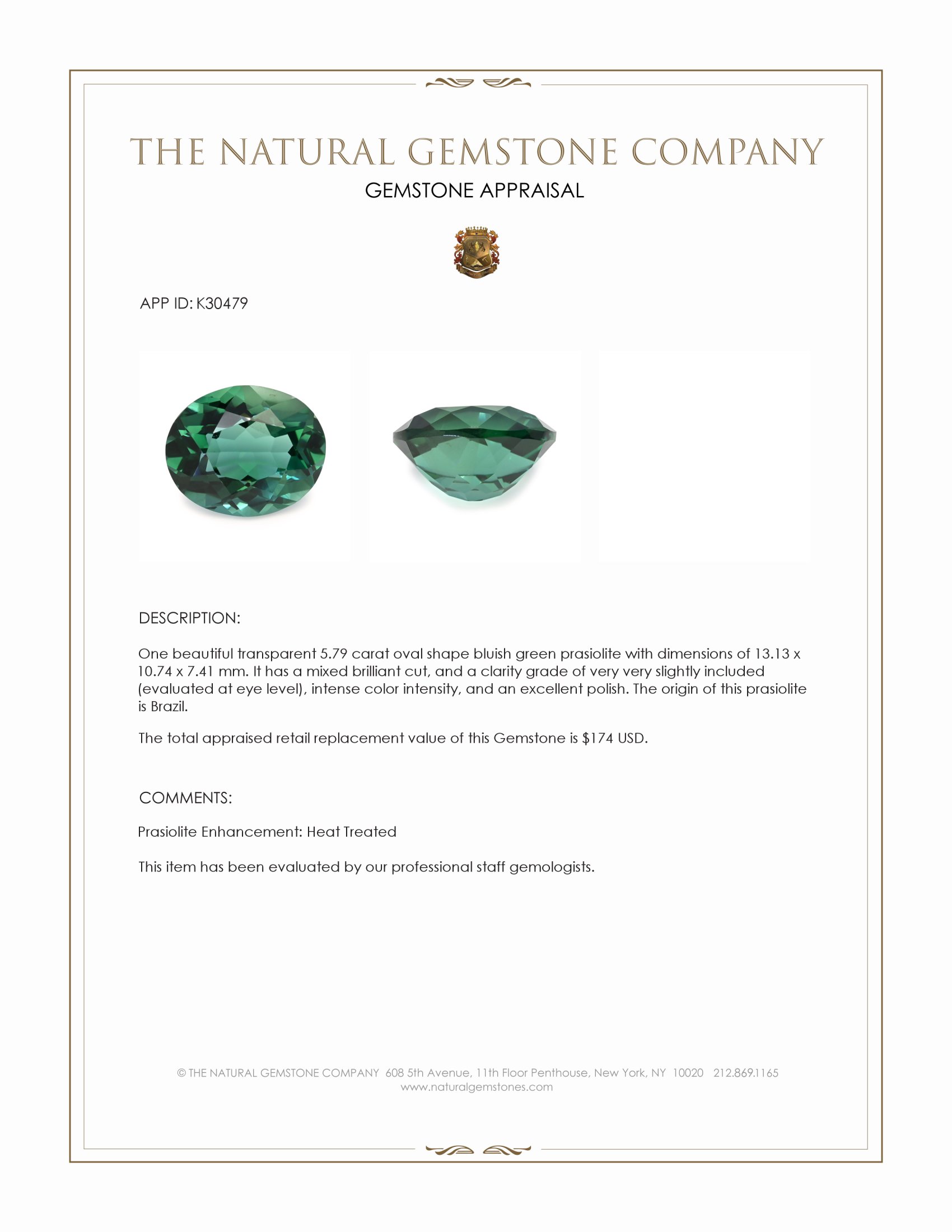 5.79 Ct. Bluish Green Prasiolite from Brazil