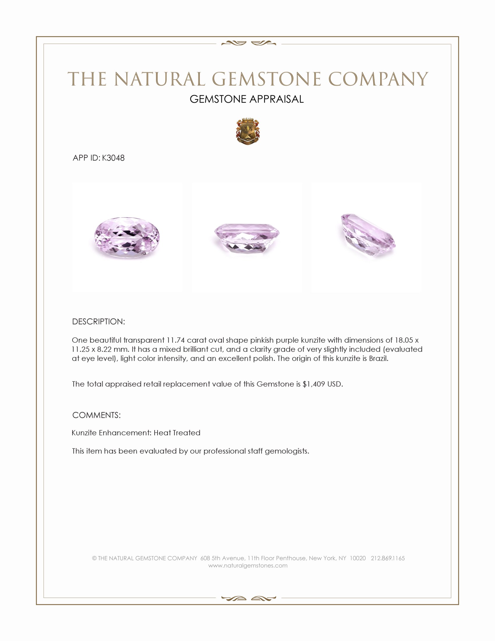 11.74 Ct. Pinkish Purple Kunzite from Brazil