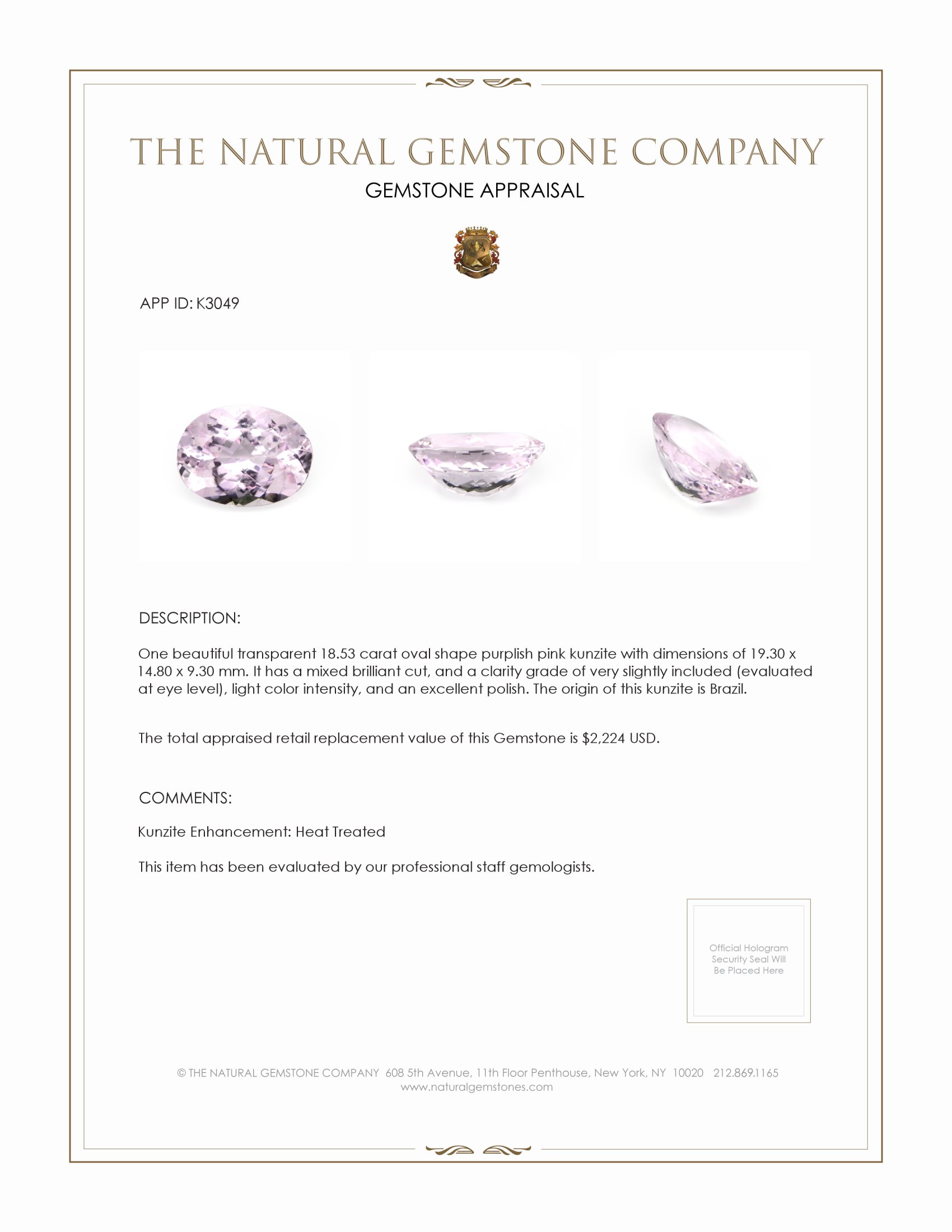 18.53 Ct. Kunzite from Brazil