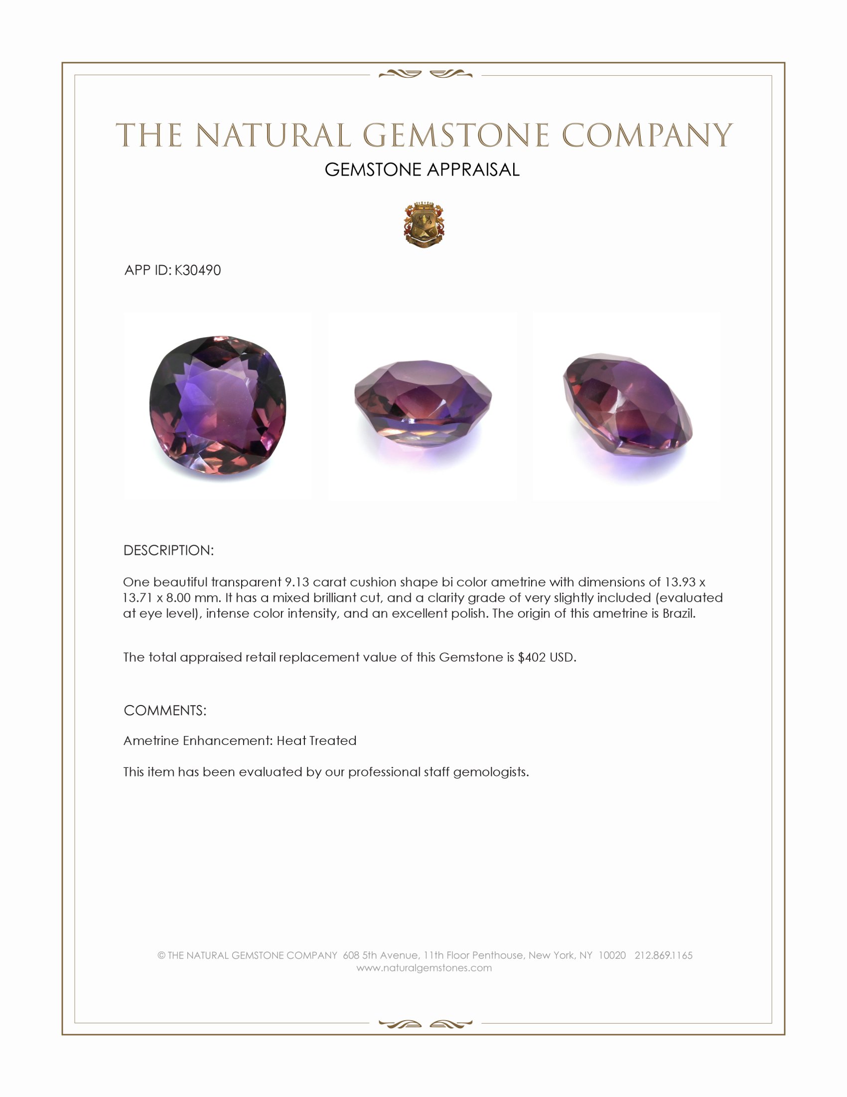 9.13 Ct. Bi Color Ametrine from Brazil