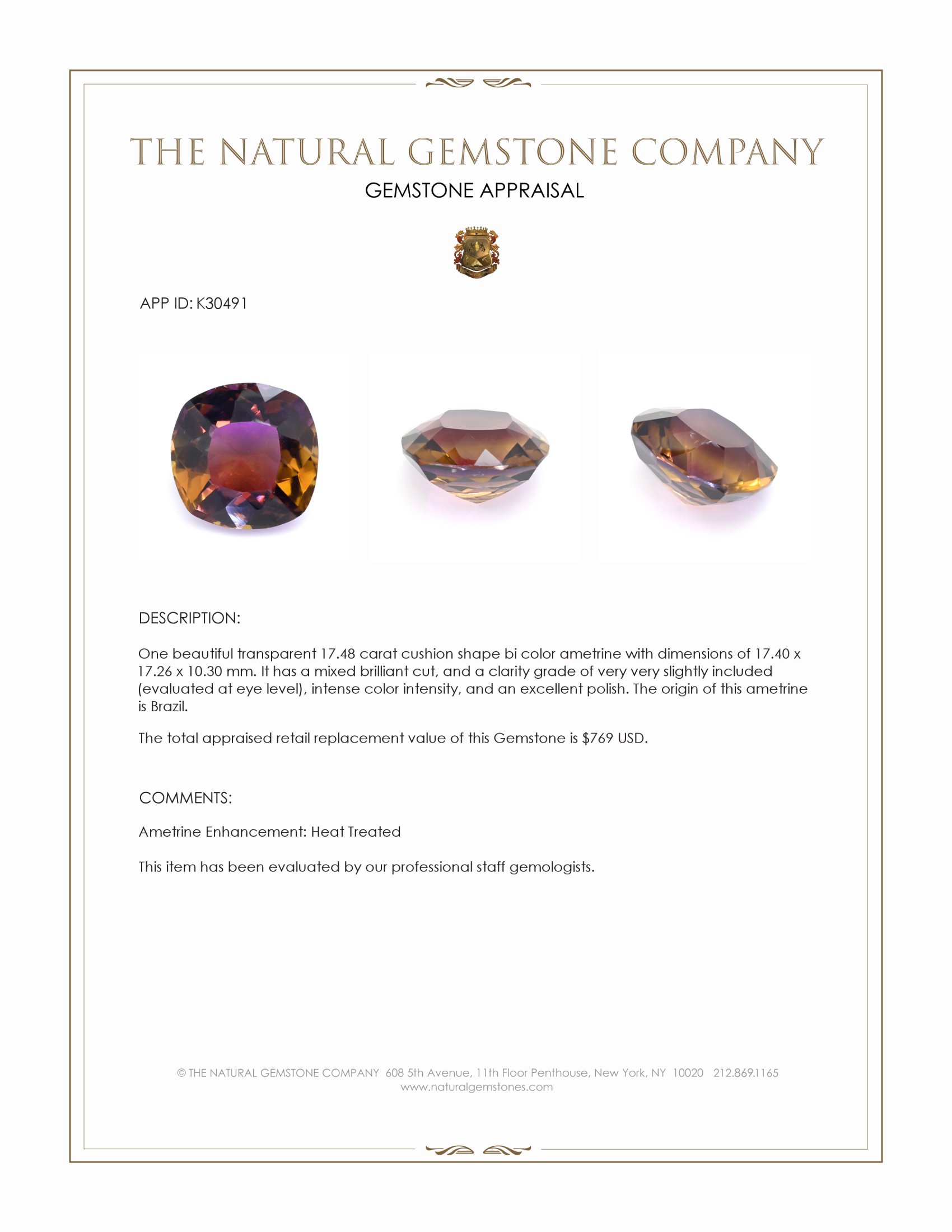 17.48 Ct. Bi Color Ametrine from Brazil