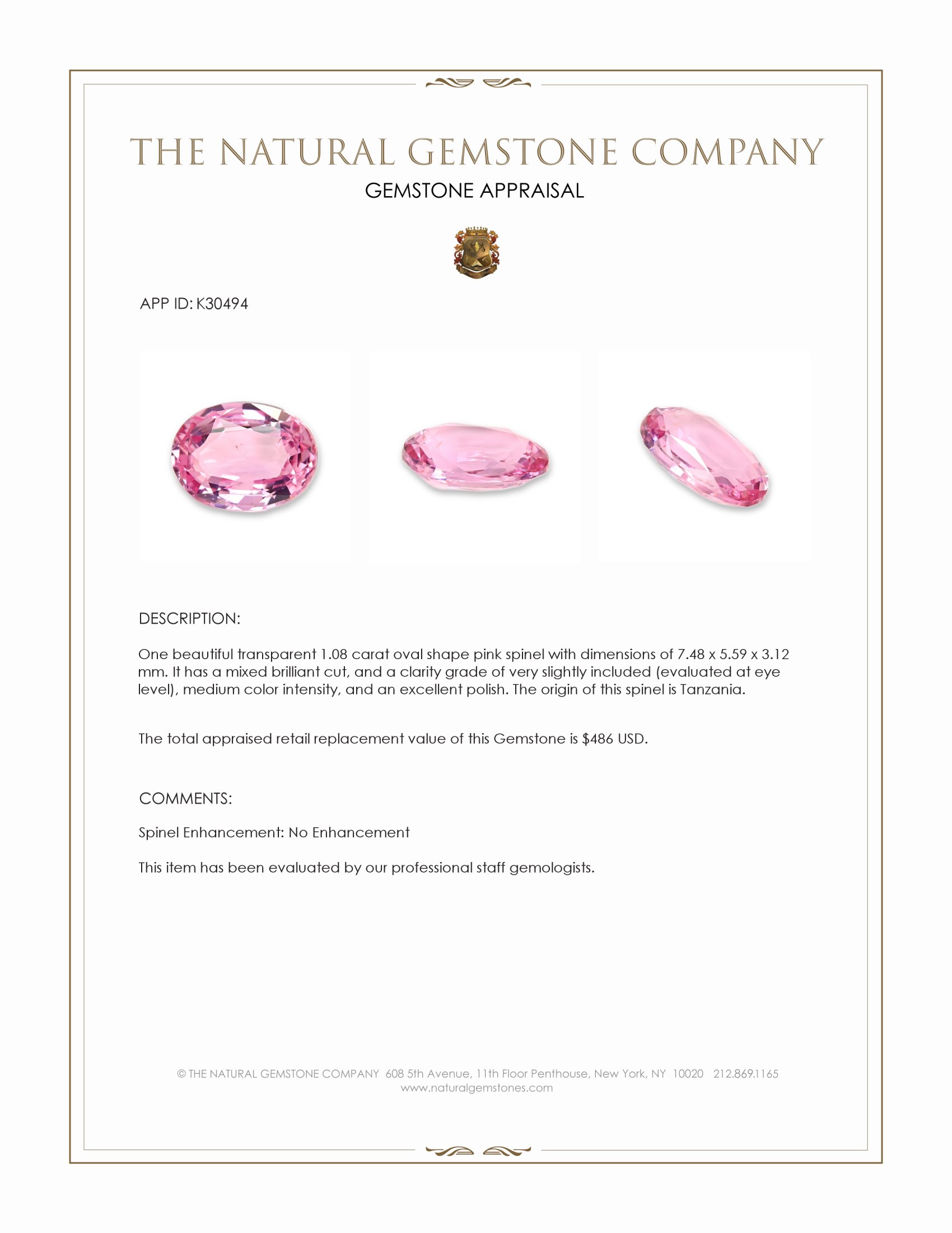1.08 Ct. Pink Spinel from Tanzania