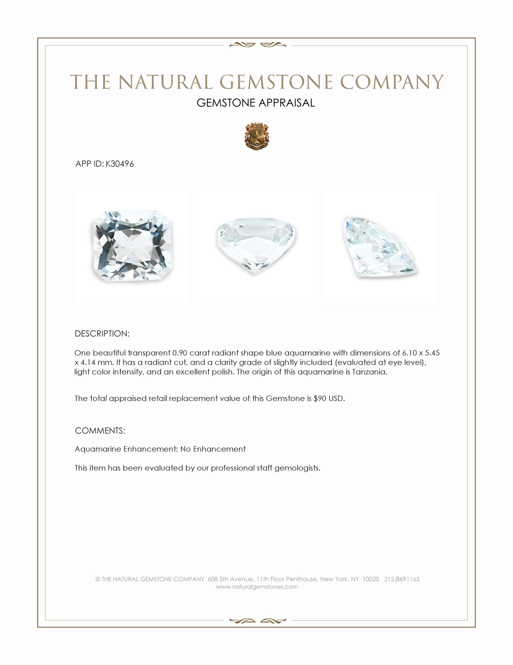 0.90 Ct. Blue Aquamarine from Tanzania