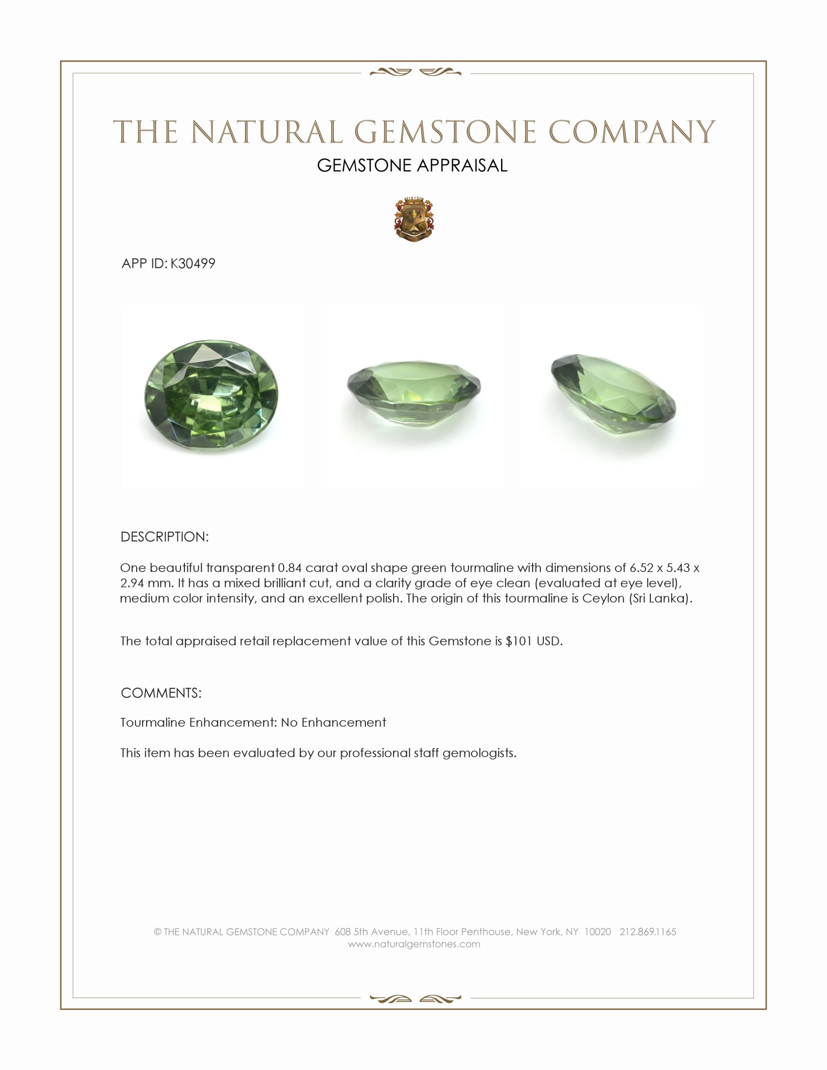 0.84 Ct. Green Tourmaline from Ceylon (Sri Lanka)