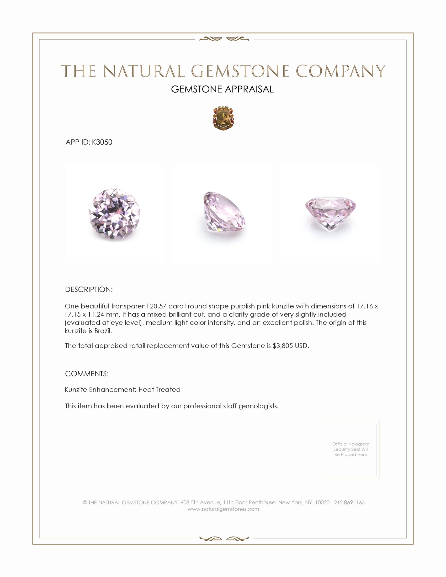 20.57 Ct. Kunzite from Brazil