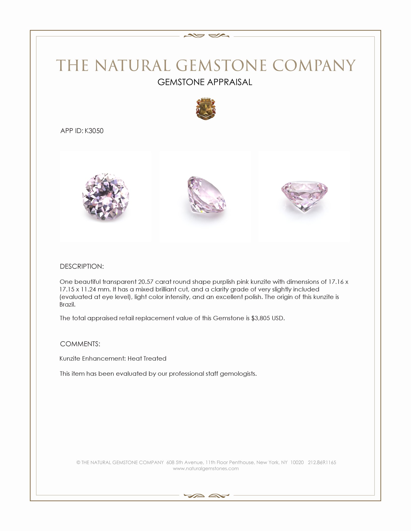 20.57 Ct. Kunzite from Brazil