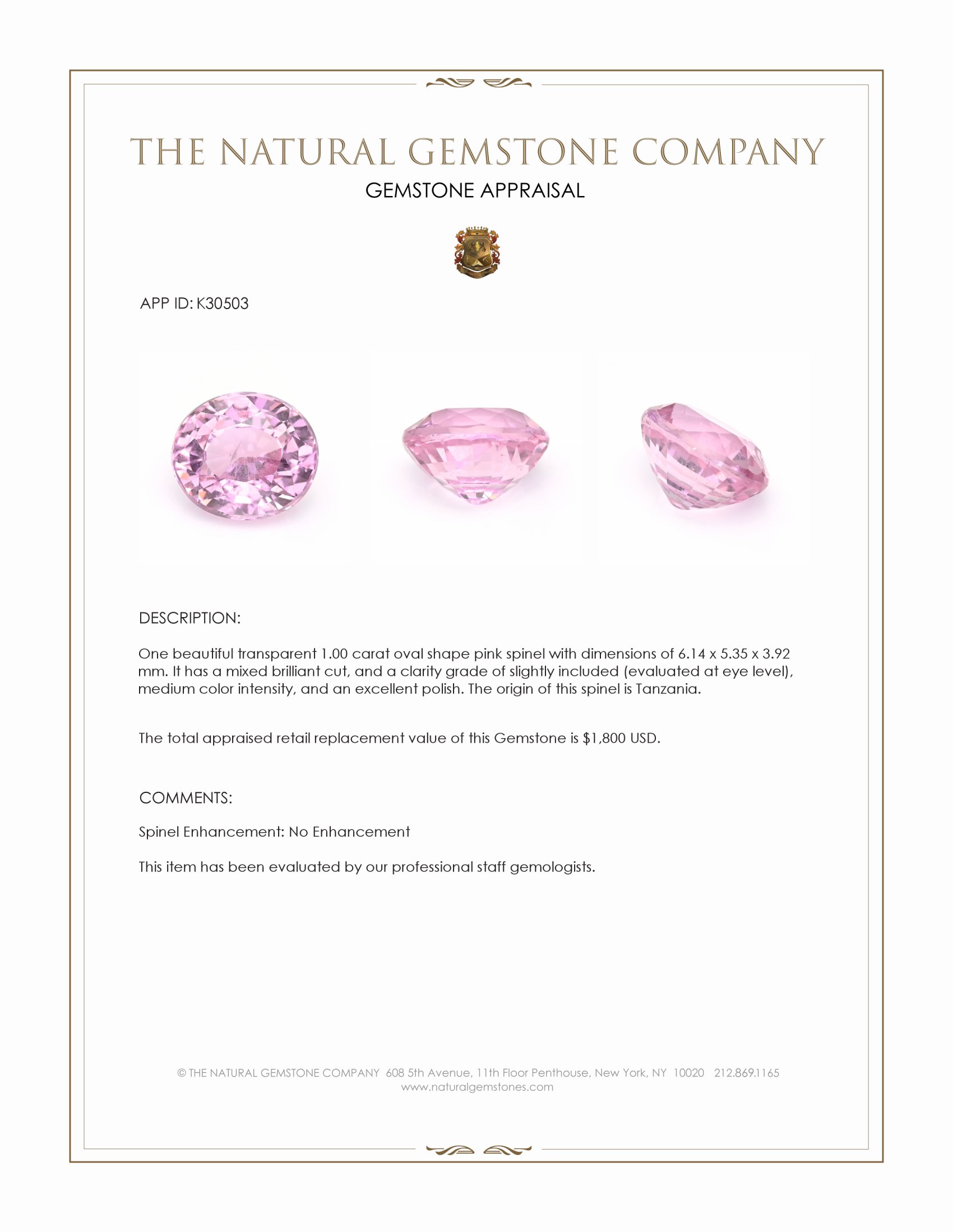 1.00 Ct. Pink Spinel from Tanzania
