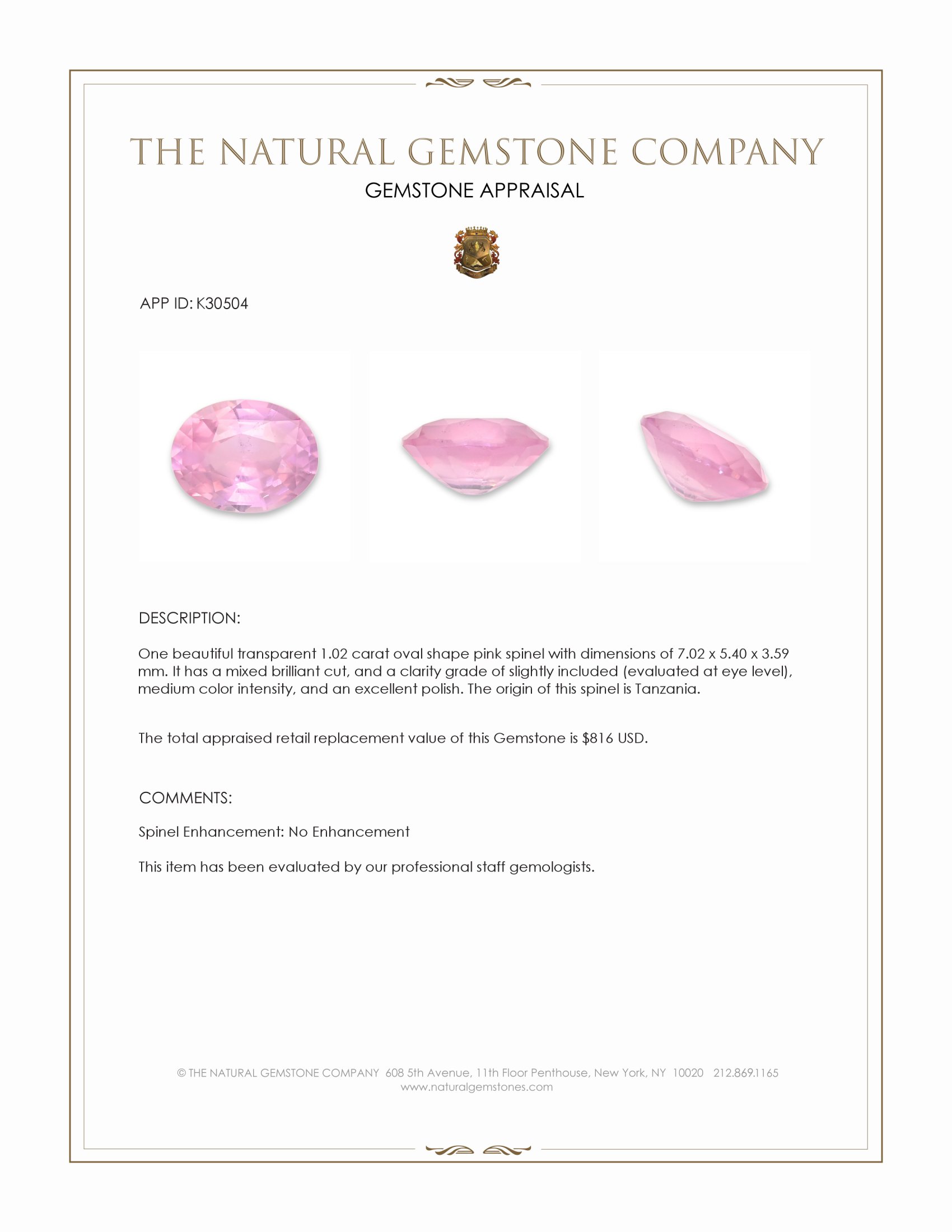 1.02 Ct. Pink Spinel from Tanzania
