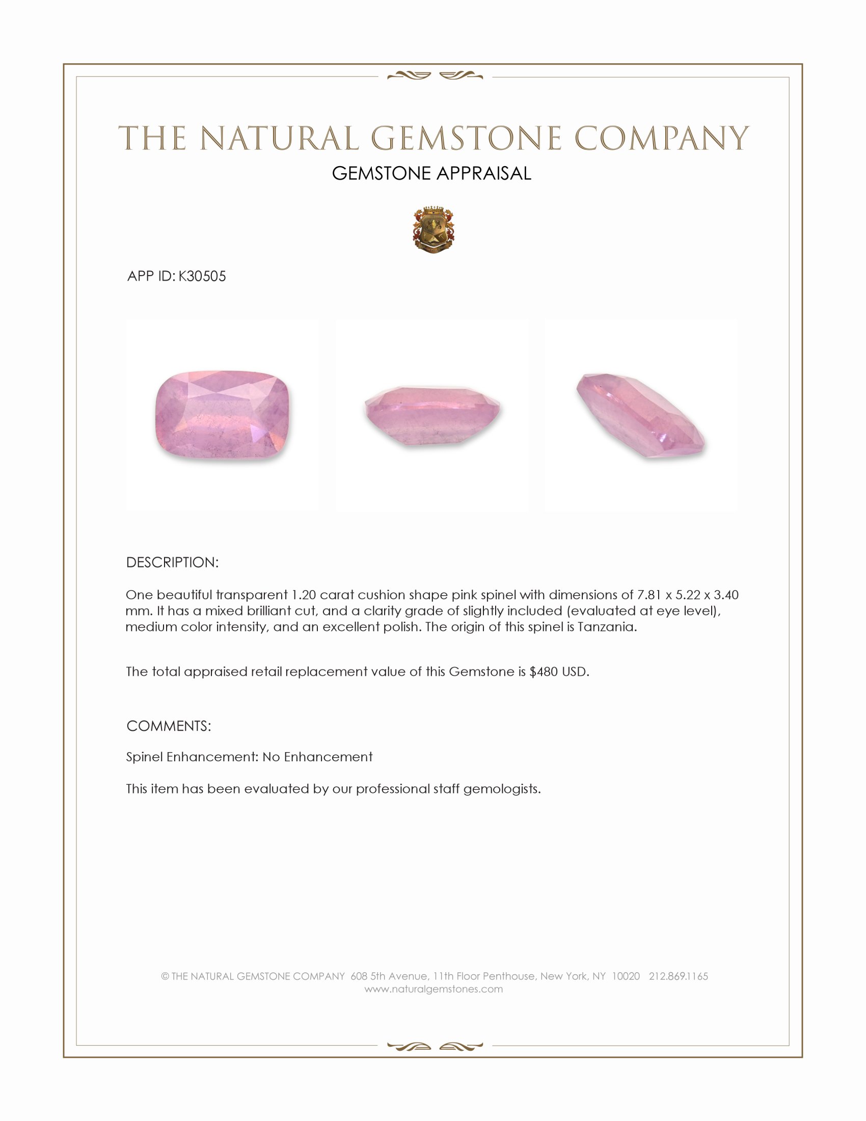 1.20 Ct. Pink Spinel from Tanzania