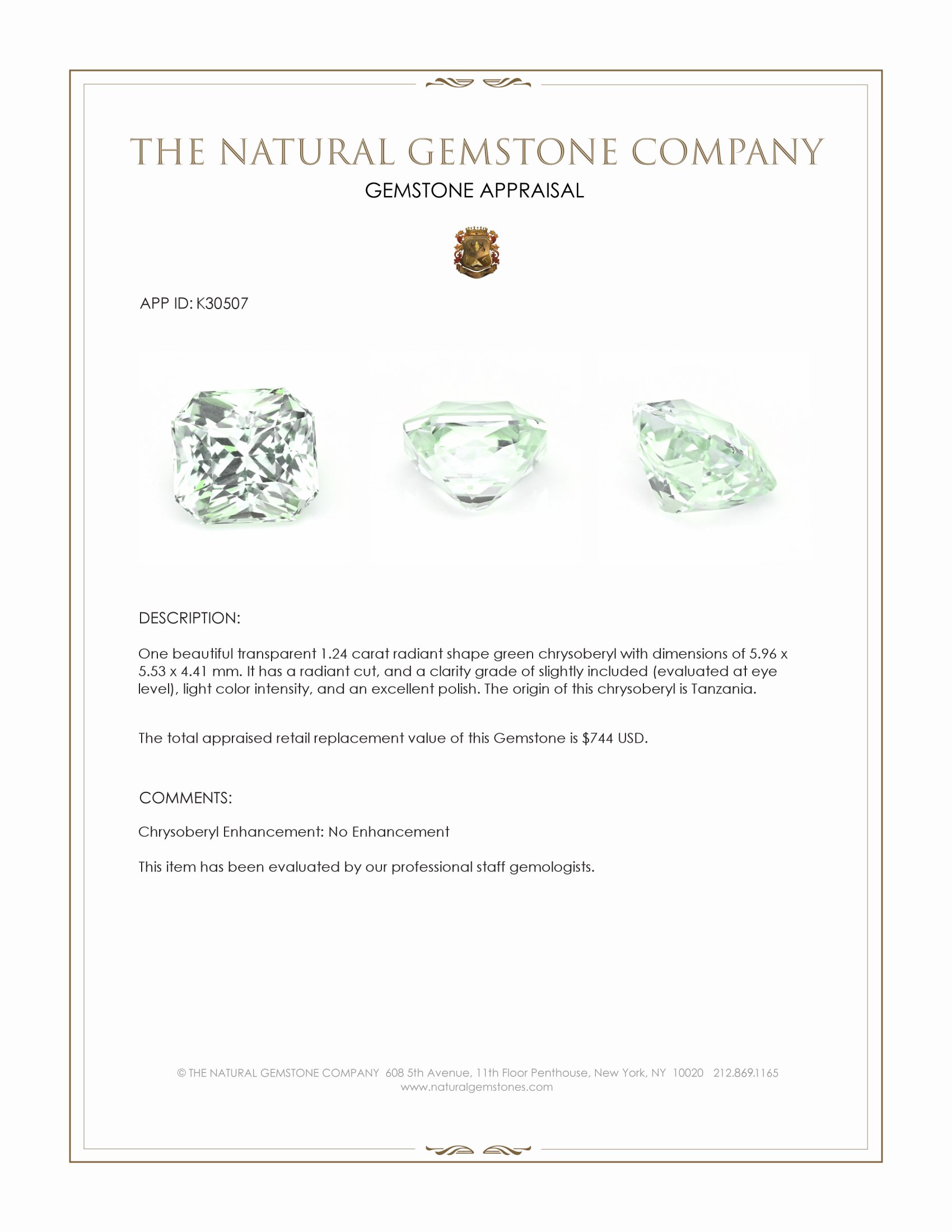 1.24 Ct. Green Chrysoberyl from Tanzania