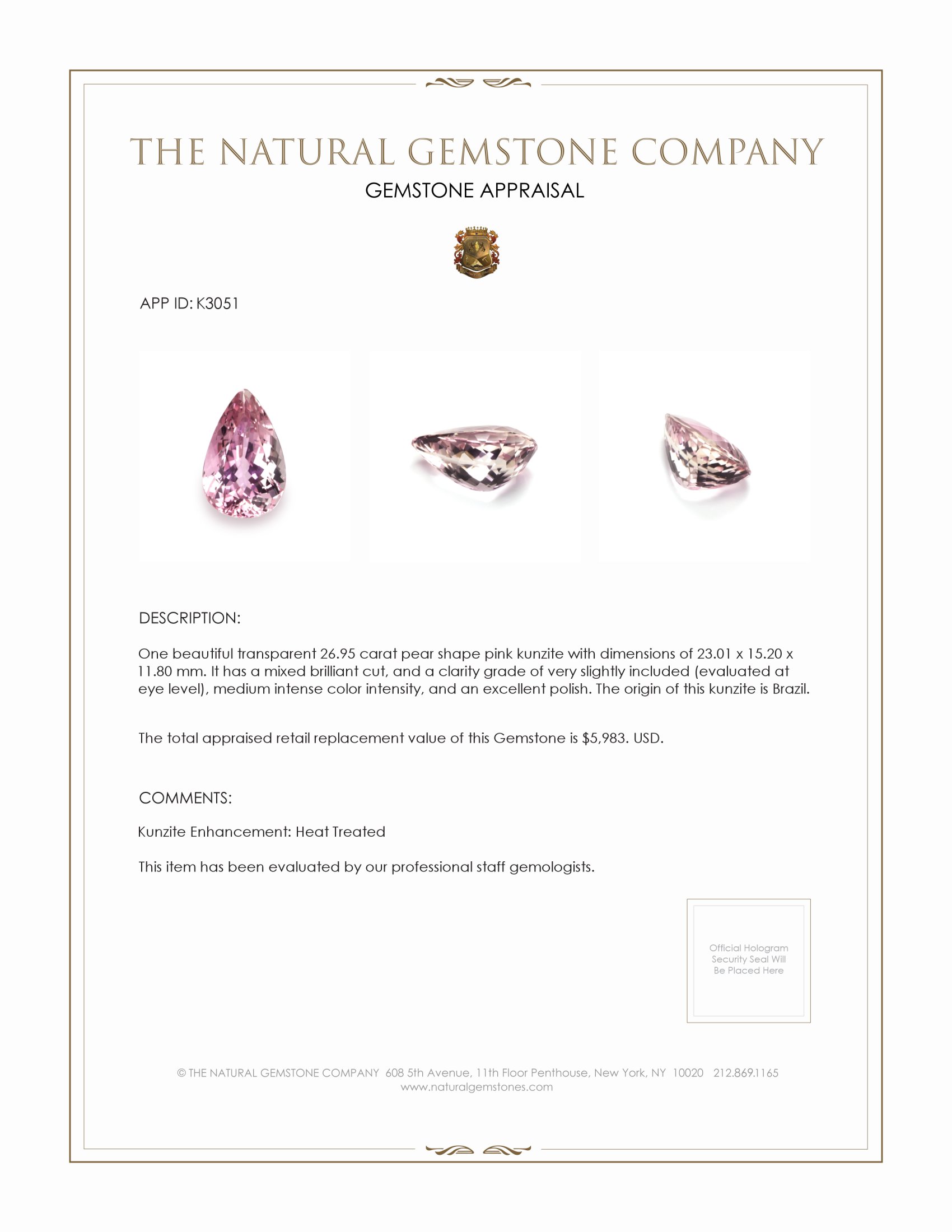 26.95 Ct. Kunzite from Brazil
