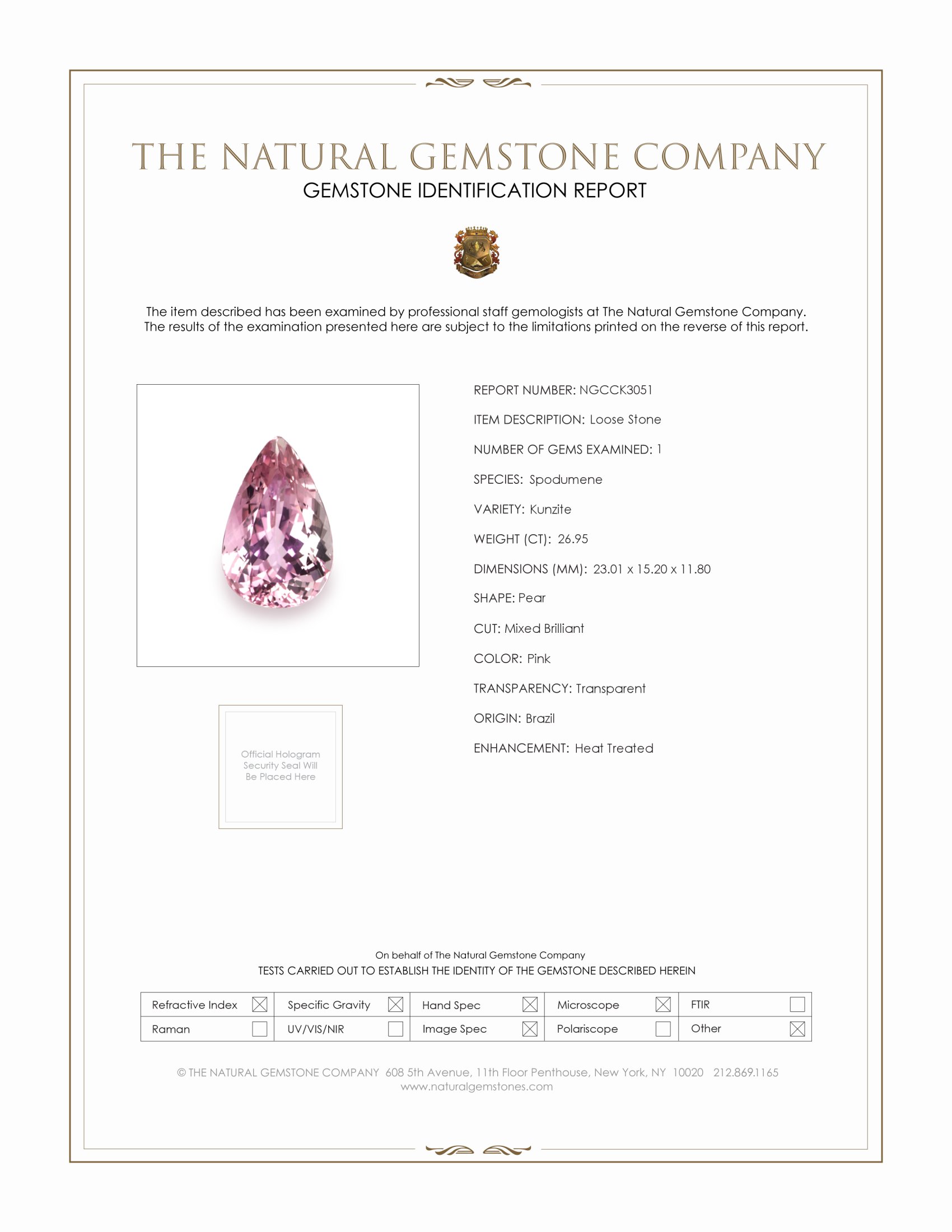 26.95 Ct. Kunzite from Brazil