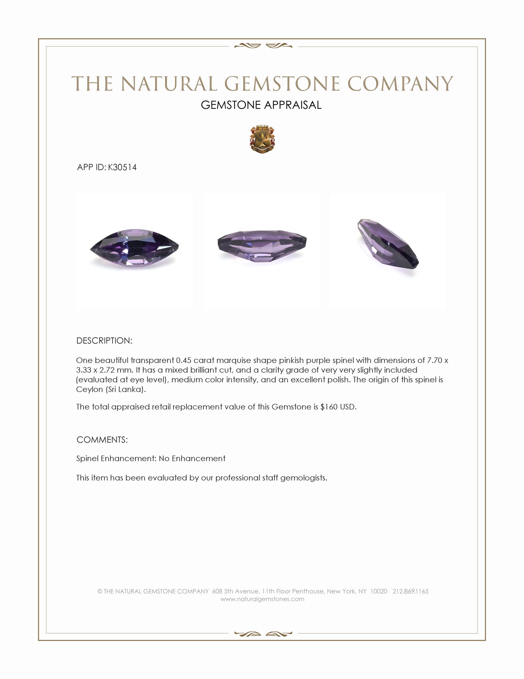 0.45 Ct. Pinkish Purple Spinel from Ceylon (Sri Lanka)