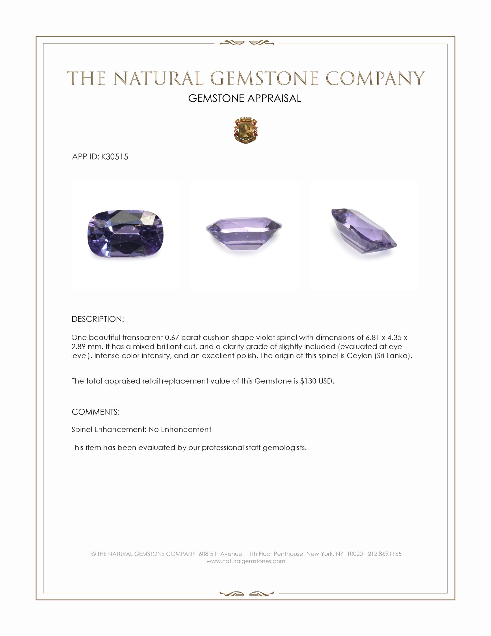 0.67 Ct. Violet Spinel from Ceylon (Sri Lanka)
