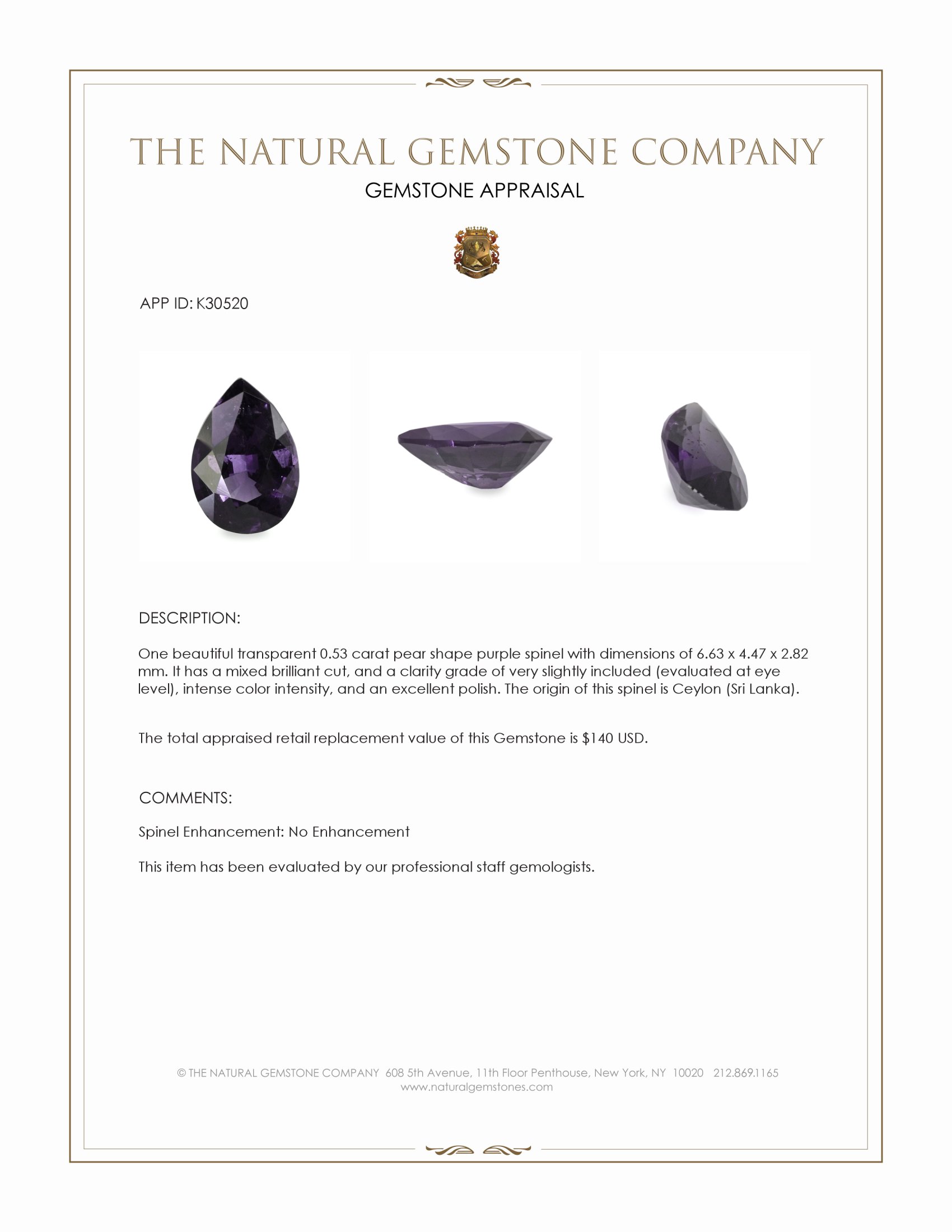 0.53 Ct. Purple Spinel from Ceylon (Sri Lanka)