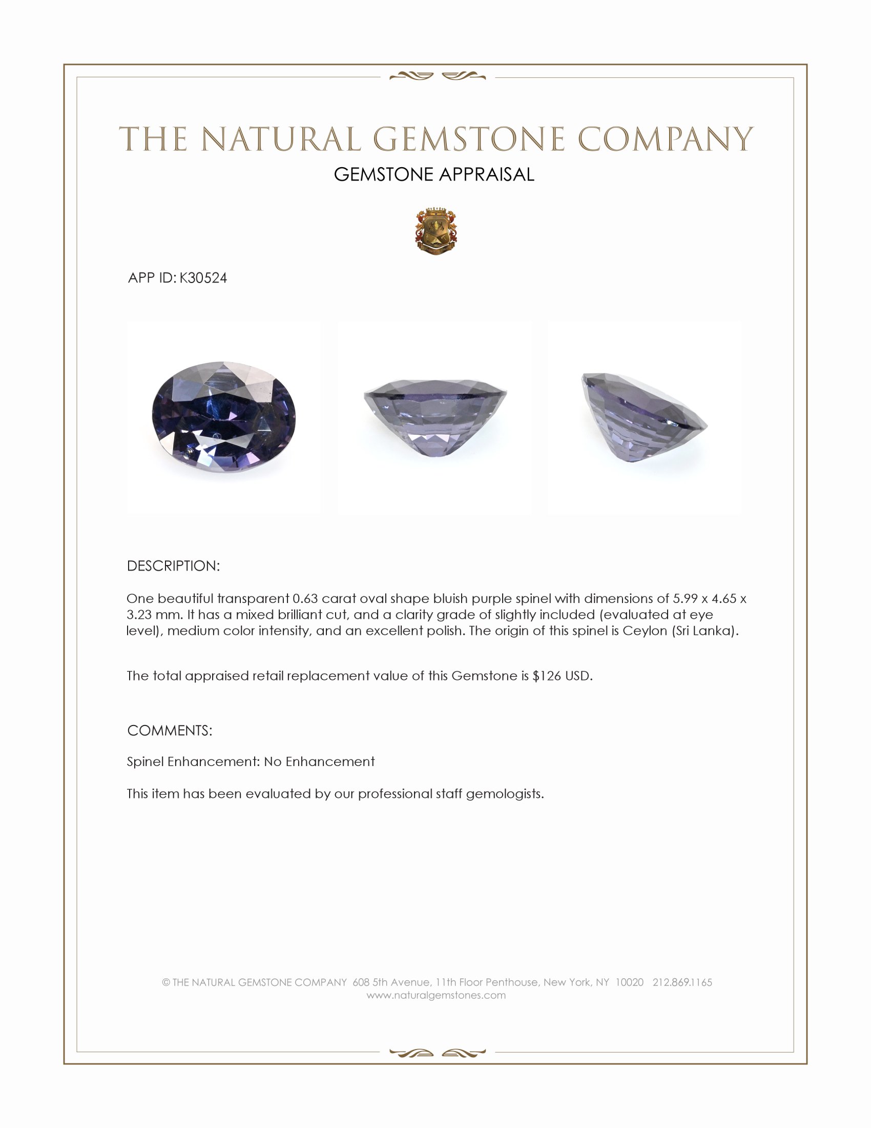 0.63 Ct. Bluish Purple Spinel from Ceylon (Sri Lanka)