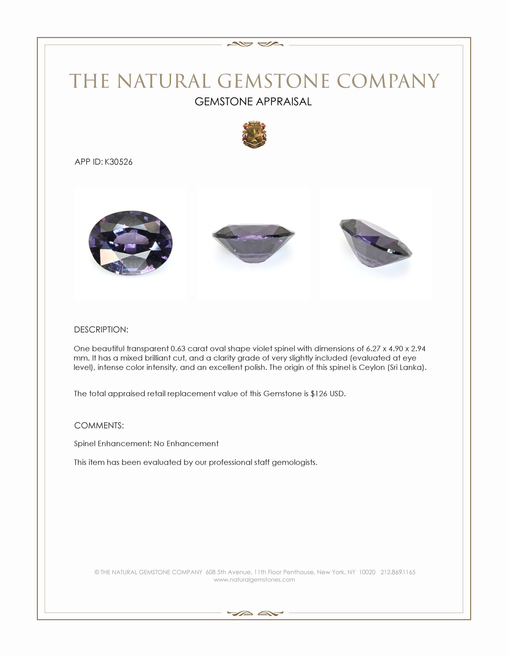 0.63 Ct. Violet Spinel from Ceylon (Sri Lanka)