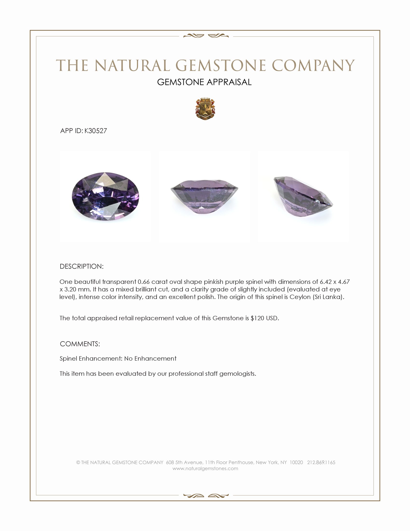 0.66 Ct. Pinkish Purple Spinel from Ceylon (Sri Lanka)