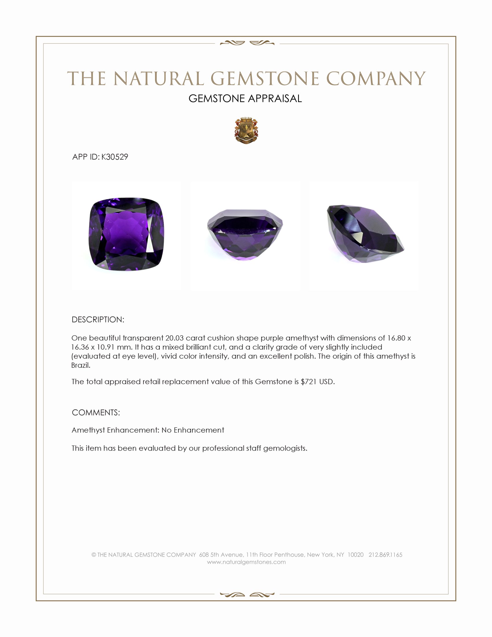 20.03 Ct. Purple Amethyst from Brazil