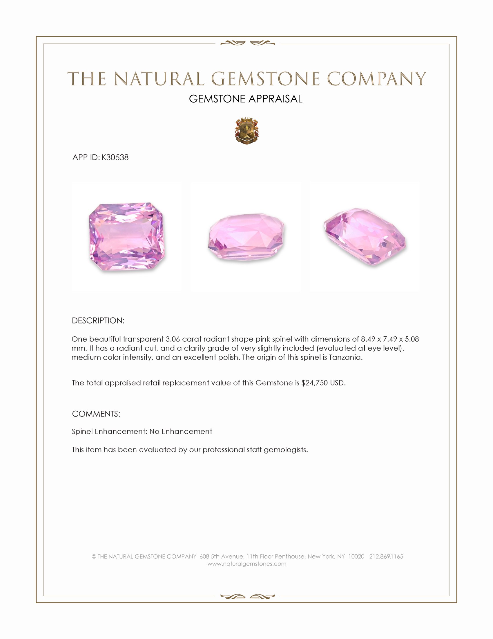 3.06 Ct. Pink Spinel from Tanzania