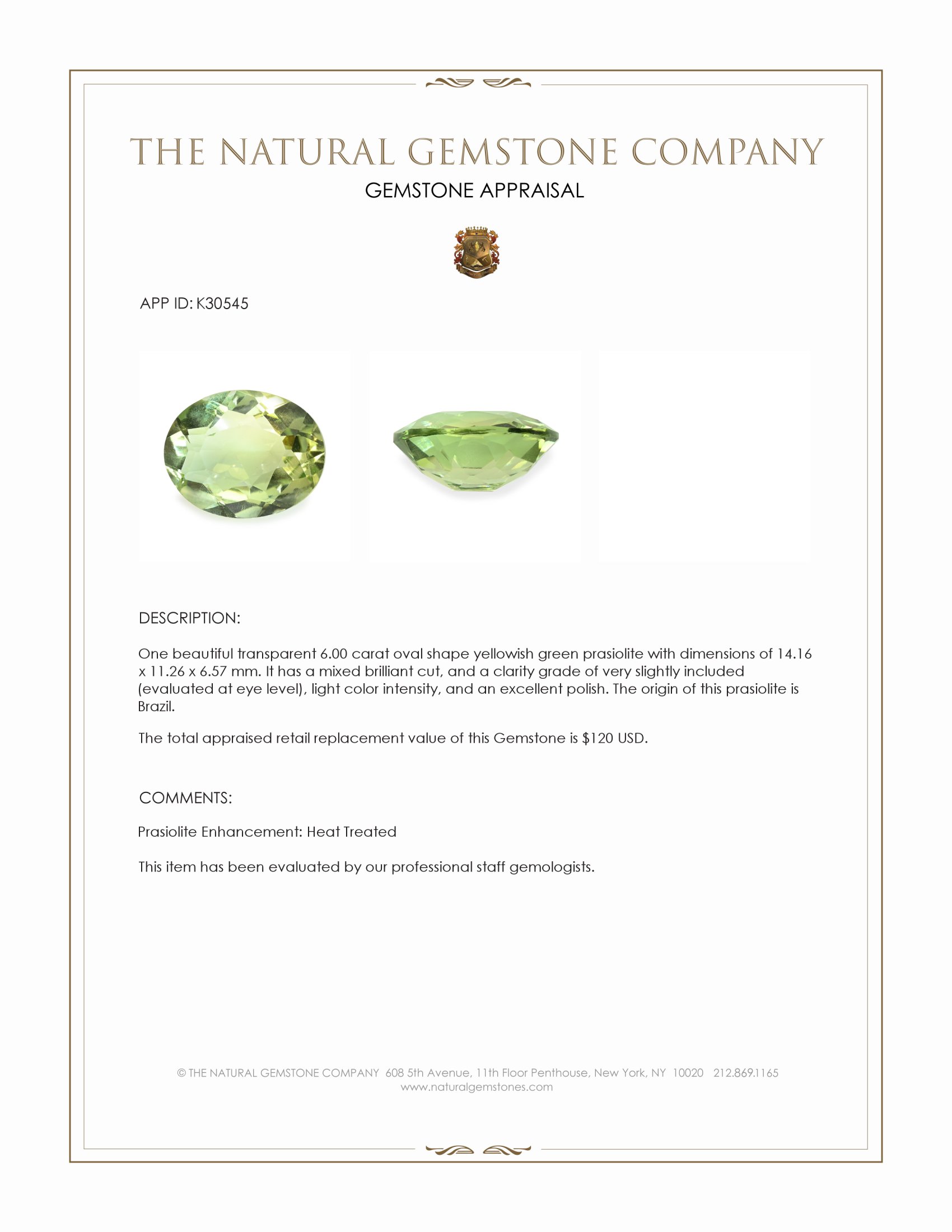 6.00 Ct. Yellowish Green Prasiolite from Brazil