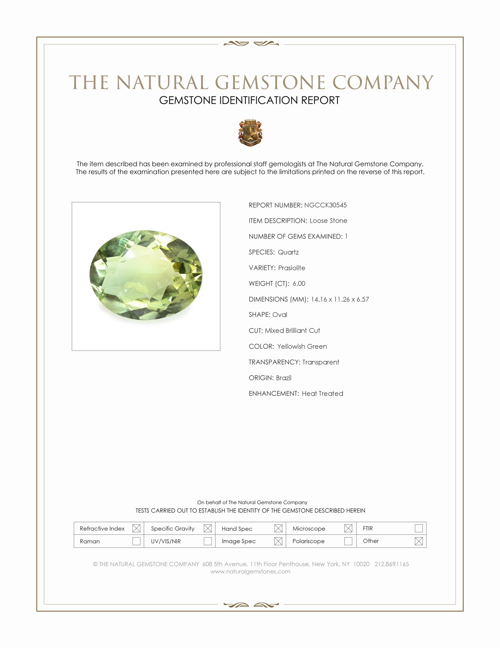 6.00 Ct. Yellowish Green Prasiolite from Brazil